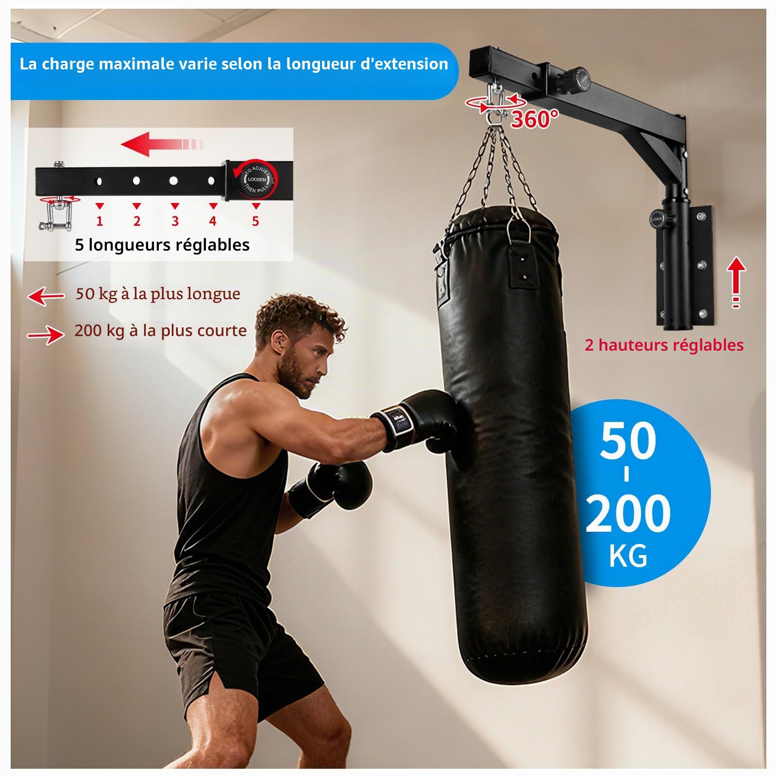 Support Mural de Sac de Frappe en Acier Solide, Monture Murale pour Sac de Boxe Lourd