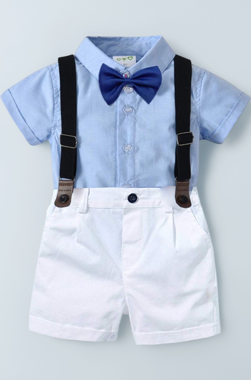Carlstar Little Boys Gentleman Outfit Suits,Baby Boys Short Pants Set,Short Sleeve Shirt+Suspender Pants+Bow Tie 4Pcs