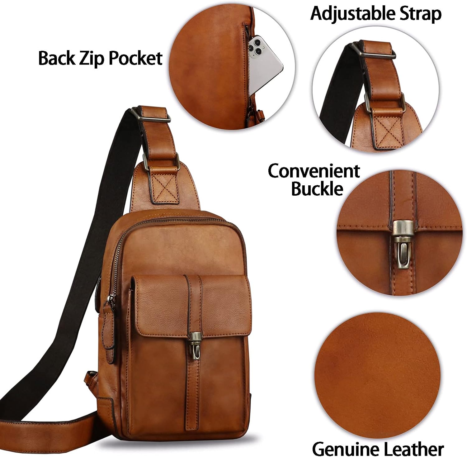 Genuine Leather Sling Bag Casual Shoulder Hiking Backpack Vintage Handmade Crossbody Bag Retro Chest Daypack (Brown) - Image 6