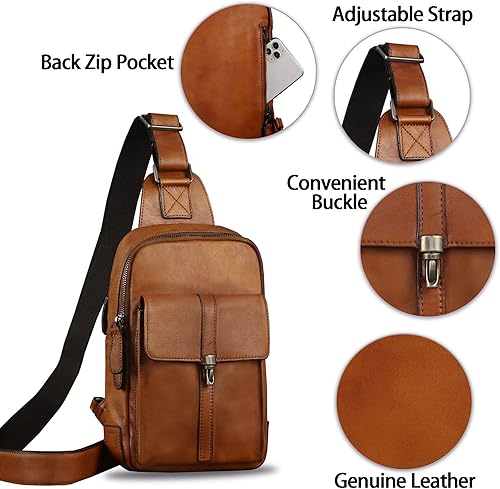 Miniatura 6 de Bolso bandolera de cuero genuino Mochila casual de senderismo Mochila vintage hecha a mano Crossbody Bag Retro Chest Daypack (marrón)