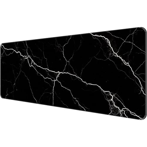 Dynippy Thin Extended Gaming Mouse Pad （31.5 * 11.8 * 0.08 inch） with Stitched Edges Large Mousepad Long XXL Keyboard and Mouse pad Desk Mat for Gaming Office & Home - Black White Marble