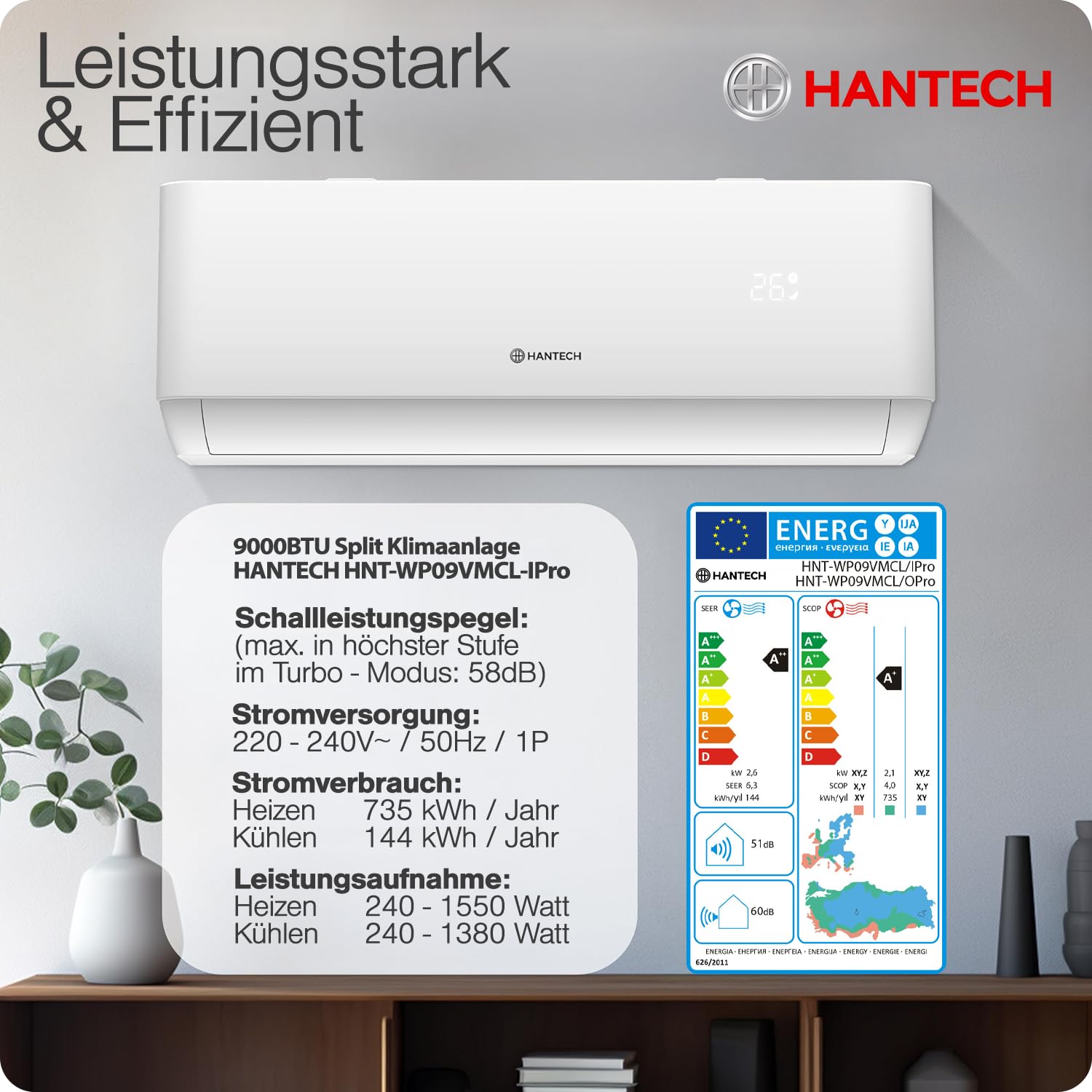 HANTECH Multisplit Klimaanlage 27000 BTU H-PRO 3x9000 BTU Inneneinheit WIFI