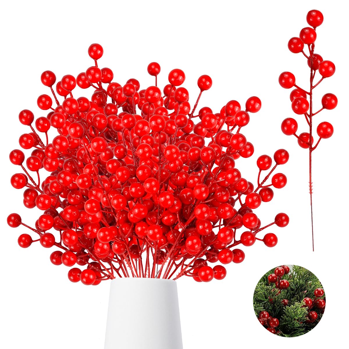 Baies artificielles rouges (23 cm, lot de 25 tiges imperméables) pour décors de Noël