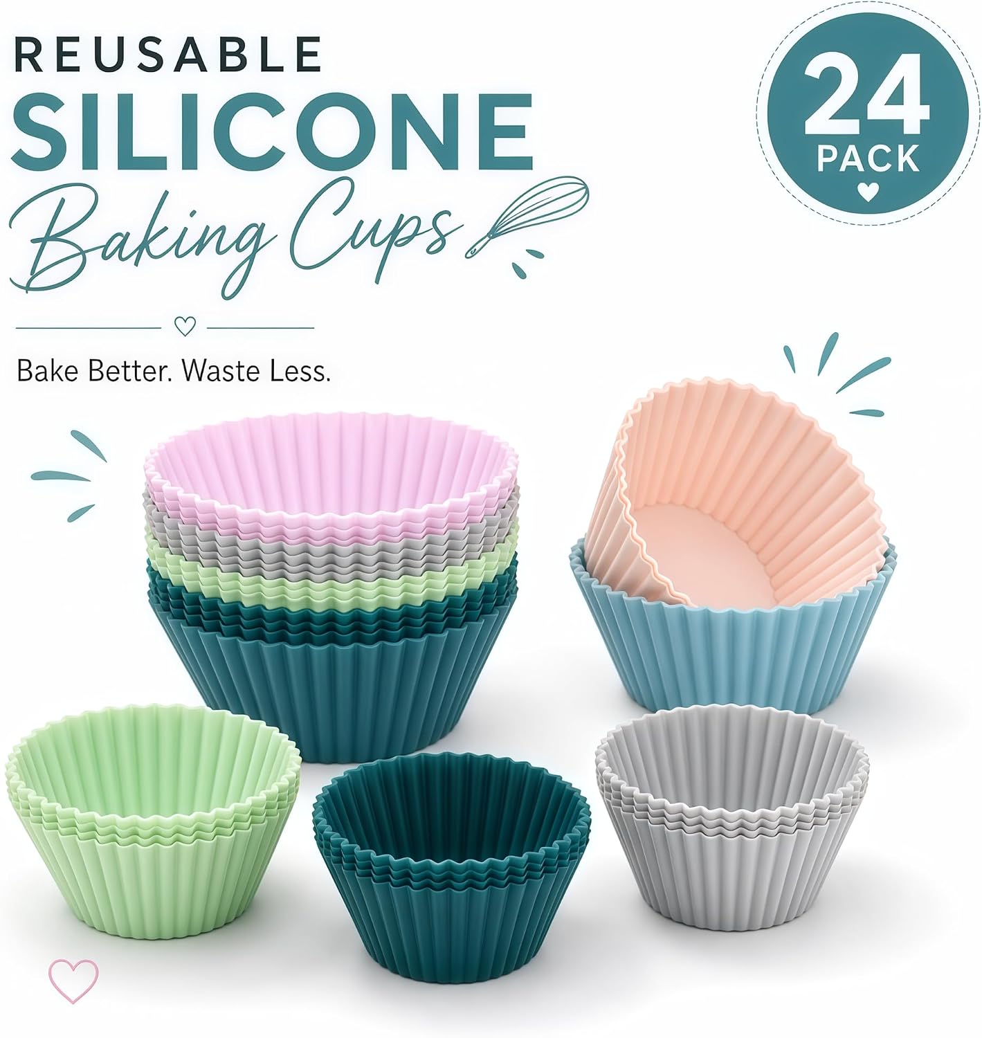 24Pk Silicone Muffin Cups - Cupcake Liners - Kitchen-Reusable-Baking-Cups-Non-Stick-Cupcake-Standard