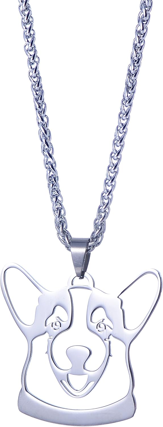 Stainless Steel Pembroke Cardigan Welsh Corgi Dog Head Pet Dog ID Tag Collar Charm Pendant Necklace