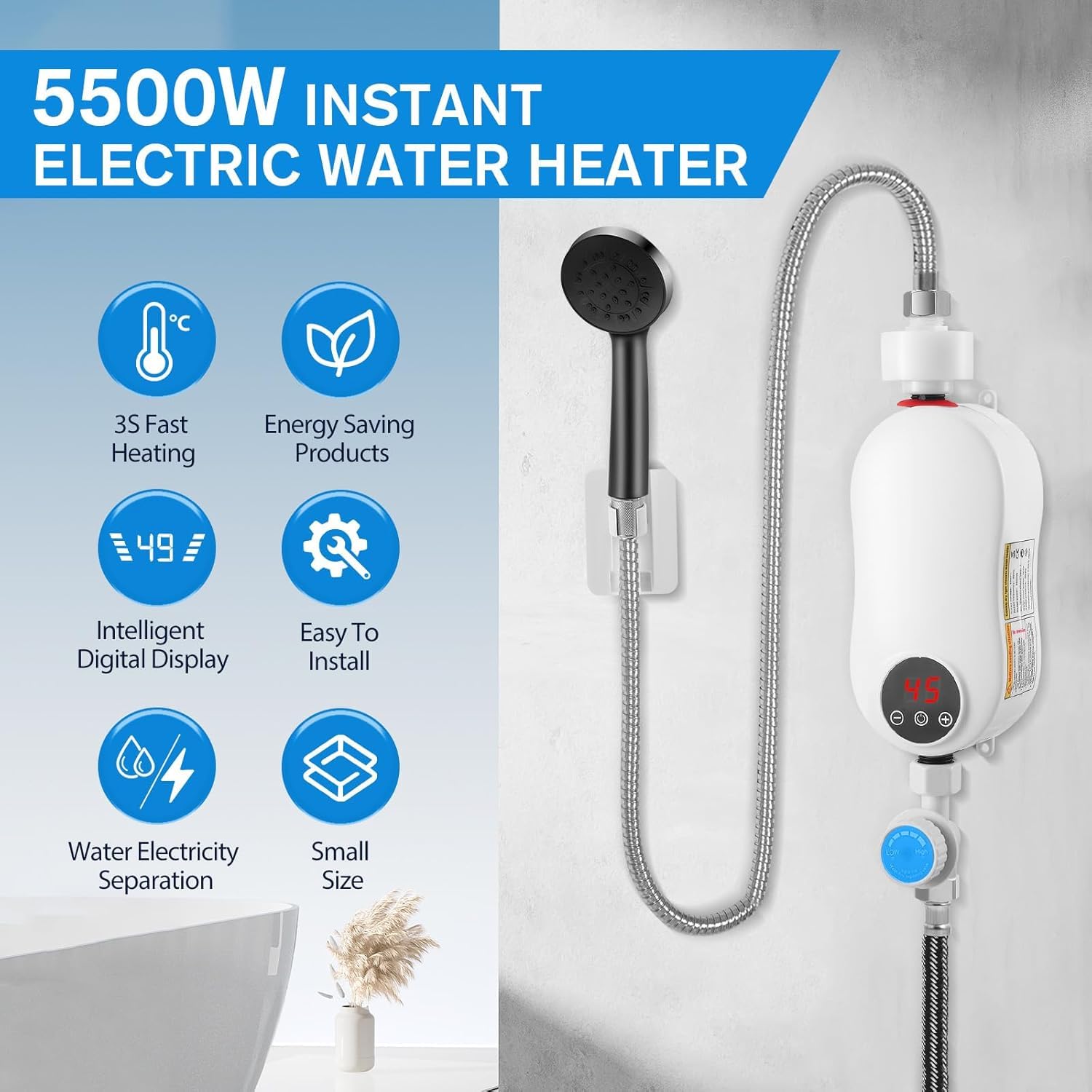 Scaldacqua elettrico istantaneo (con kit doccia) 5500 W 220 V mini scaldabagno senza serbatoio acqua calda, indicatore di temperatura LED + tecnologia intelligente inverter (5500 W)