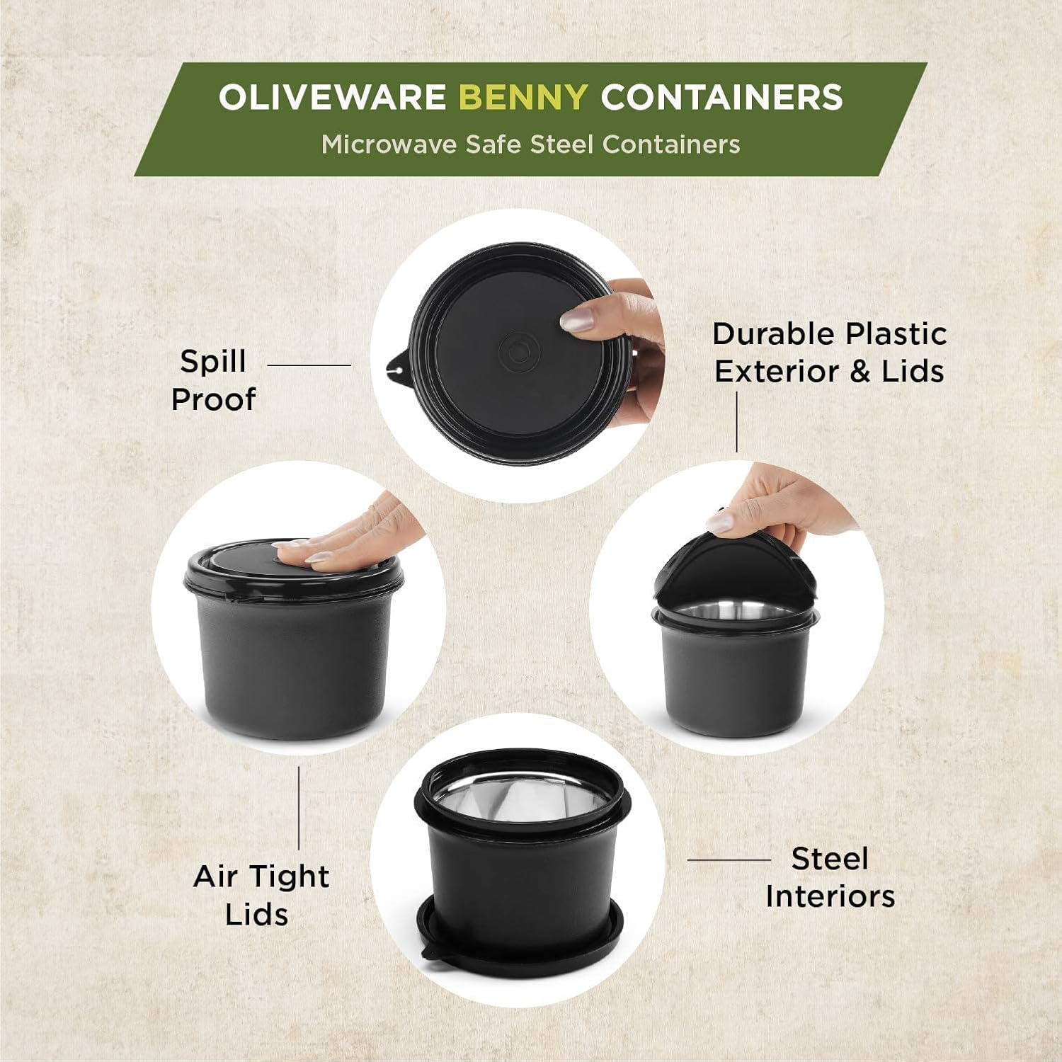 Oliveware SOPL (logo) with Device Benny Containers with BPA Free Airtight Lid, Inside Steel Container, Microwave Safe & Leak Proof, Home & Office Use, Set of 2 (450ml) - Black, Stainless Steel