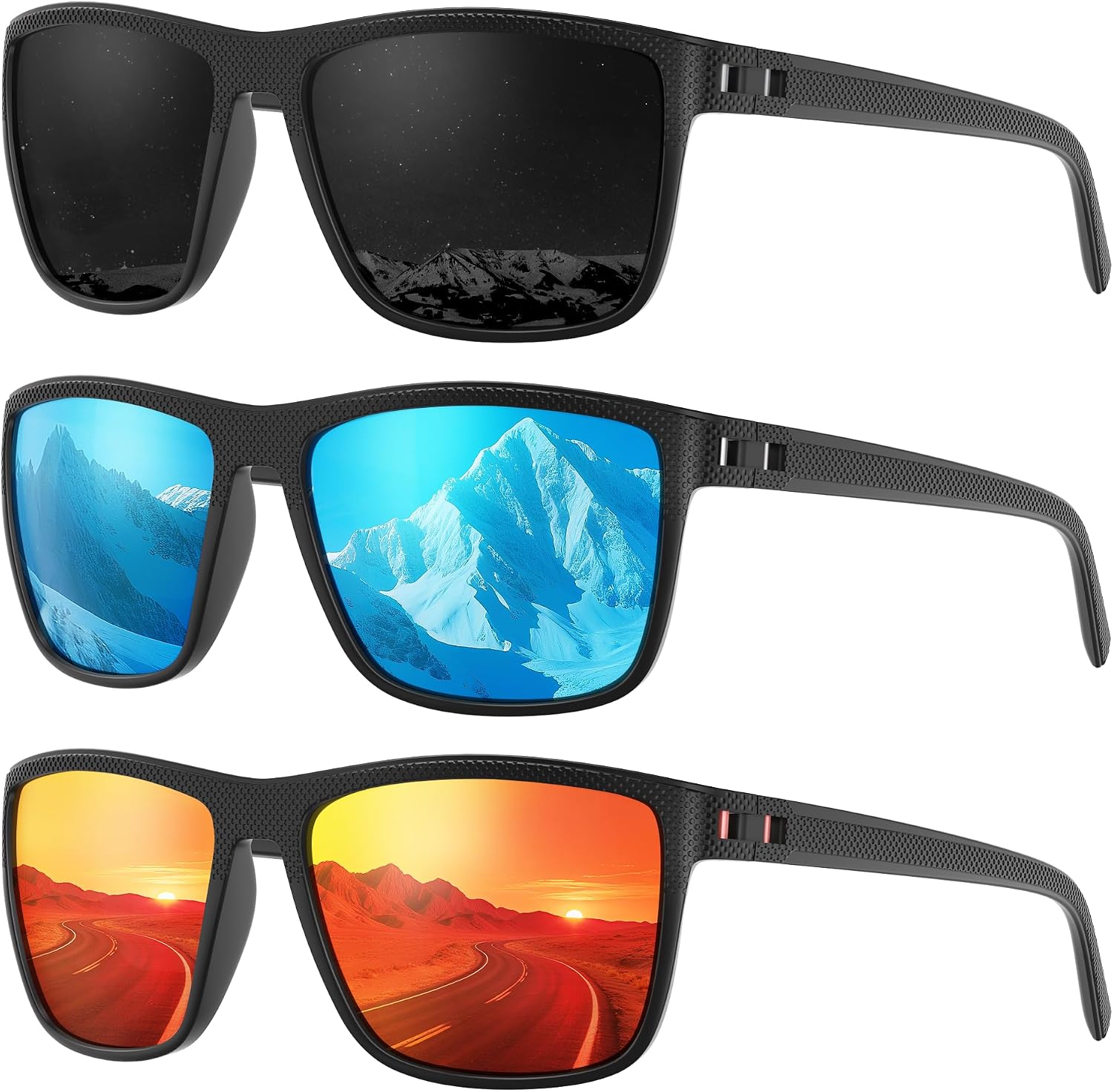 Fanshen Square Polarized Sunglasses for Men, 3 Pack Lightweight UV Protection Sun Glasses for Driving Fishing Golf