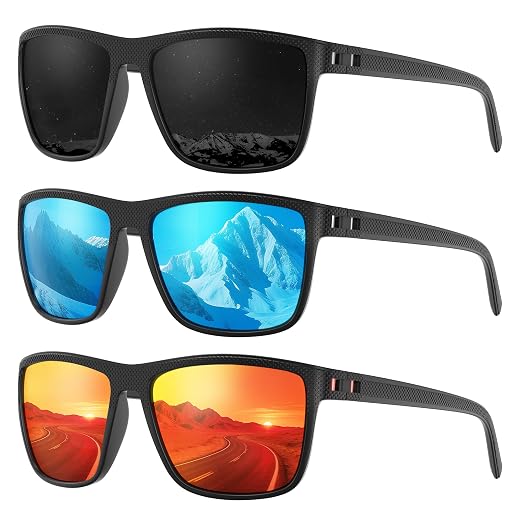 Fanshen Square Polarized Sunglasses for Men, 3 Pack Lightweight UV Protection Sun Glasses for Driving Fishing Golf
