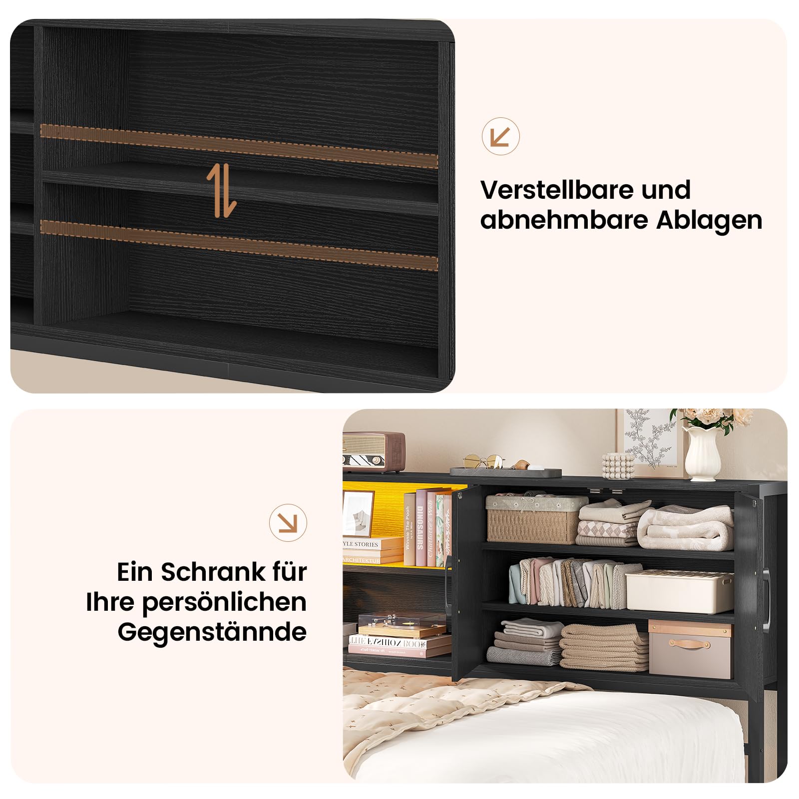 KIMENICH Polsterbett Schlafsofa 90x200 mit LED-Beleuchtung, Ladestation, Tagesbett, Jugendbett mit 2 Schubladen und Lattenrost aus Metall, Kopfteil mit Stauraum, Offene Regale, Schrank, Schwarz
