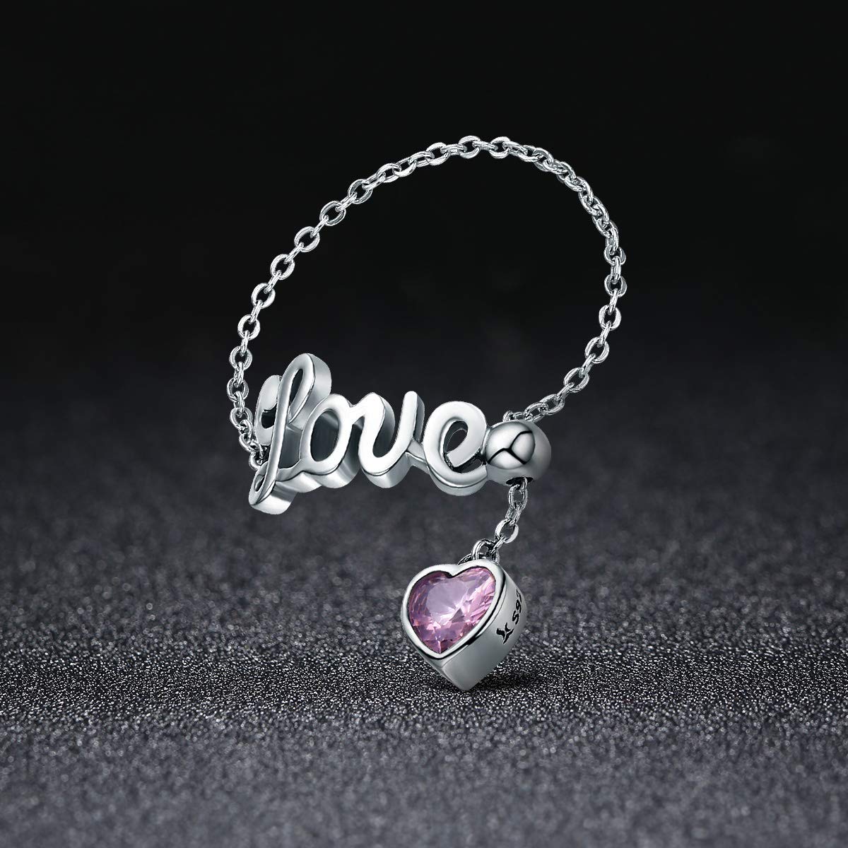 Love Statement Ehering, Sterlingsilber, rosa Kristall, herzförmig, baumelnd, Quaste, Versprechen, Verlobung, offen, verstellbar, Kettenring für Frauen und Mädchen, Unendlichkeitsgeschenk, Geschenk zum