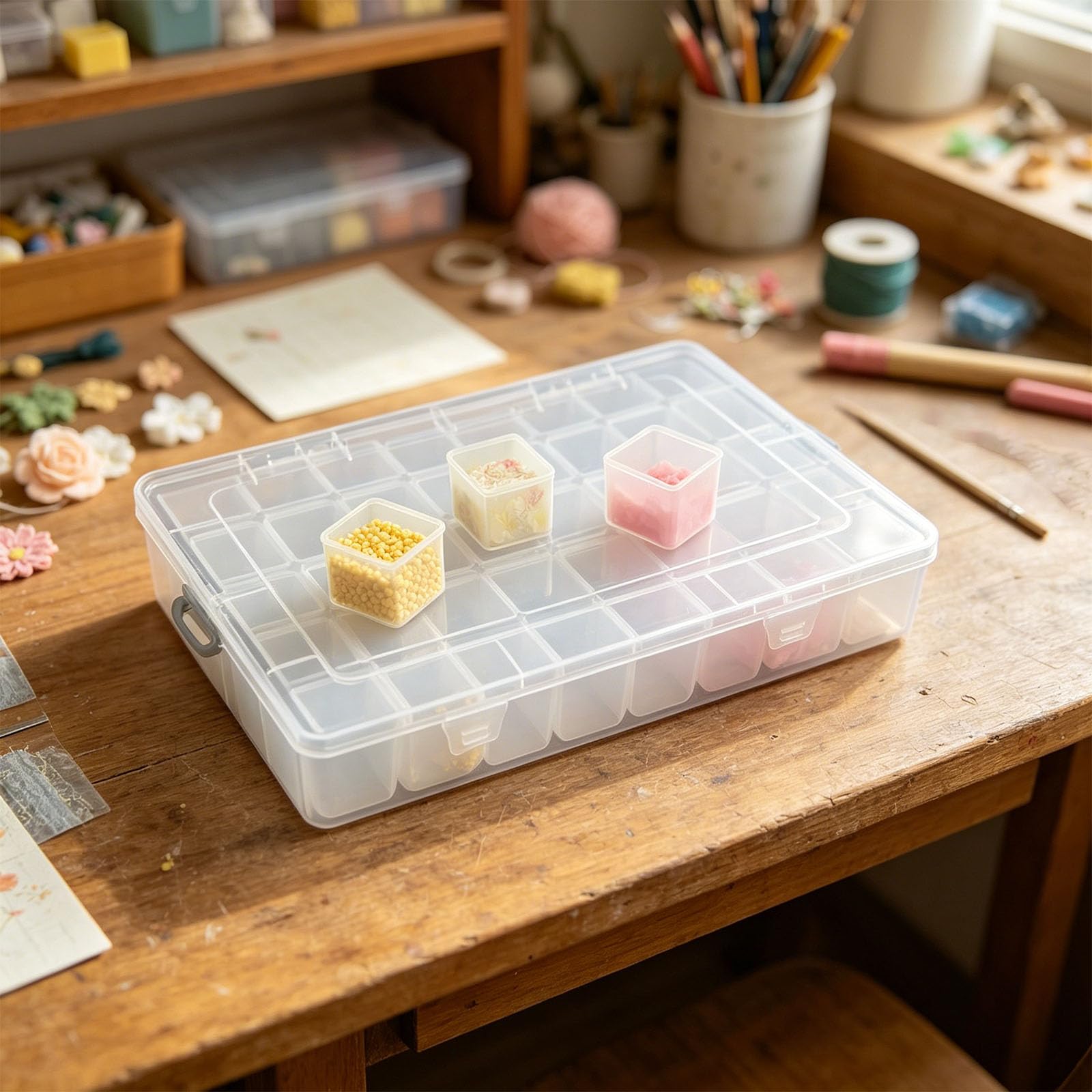 Aufbewahrungsbox für Kleinteile Haushalt, durchsichtige, Geteilte Kunststoffbox mit Deckel, transparenter Behälter für Schubladensortierung und Bastel Aufbewahrungskoffer