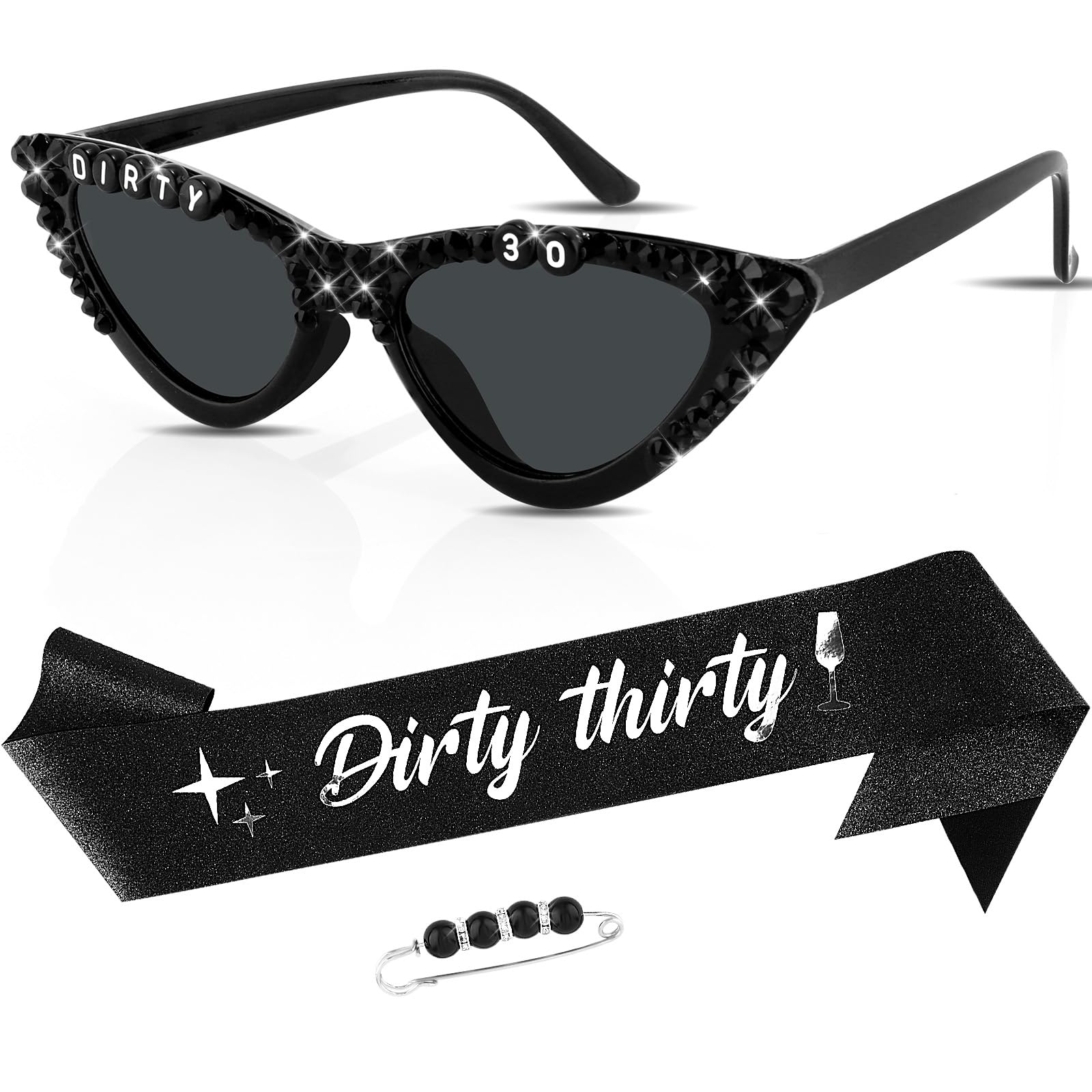 Bafutayawa 30th Birthday Decorations, 30th Birthday for Women, Dirty 30 Sash and Sunglasses Set, 30th Birthday Party Outfit with Black Glitter Sash and Gift