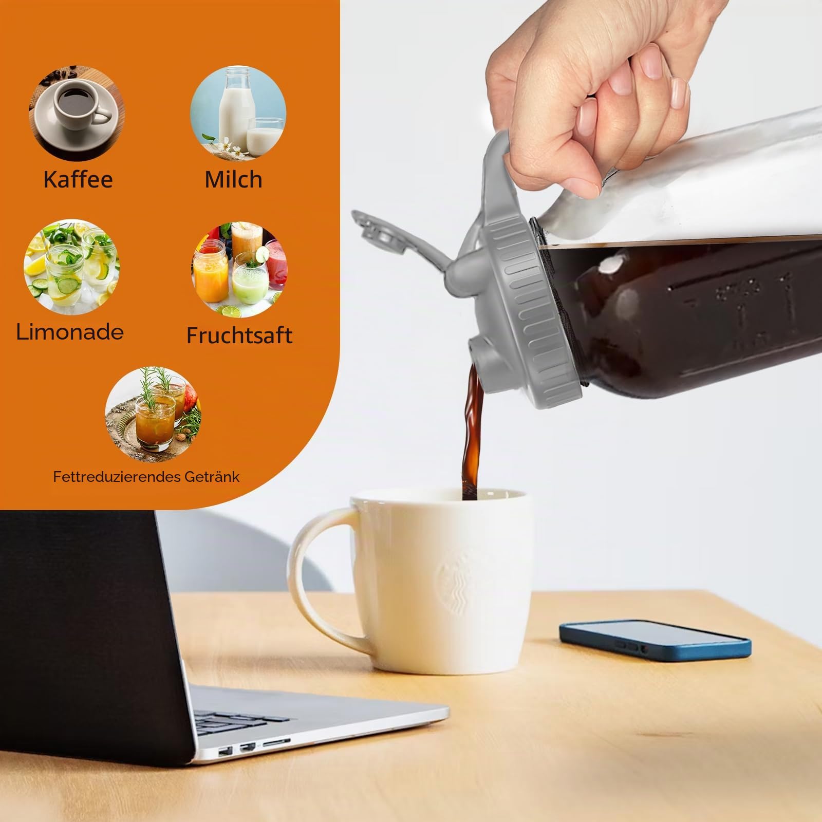 Kaltgebrüh-Kaffeemaschine mit grauer Abdeckung, 800 ml Glaskaraffe mit Edelstahlfilter, luftdichter Deckel