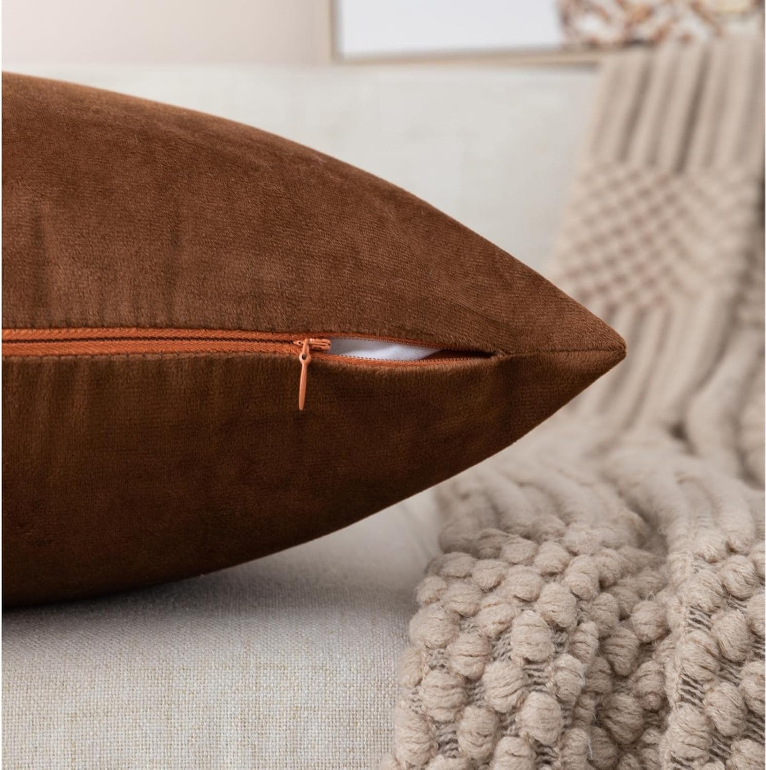 ZLINA Set of 2 Velvet Decorative Throw Pillow Covers Brown White Patchwork with Gold Leather Pillow Covers 22 × 22 Inch Cushion Covers Decor Living Room Sofa Bedroom Car