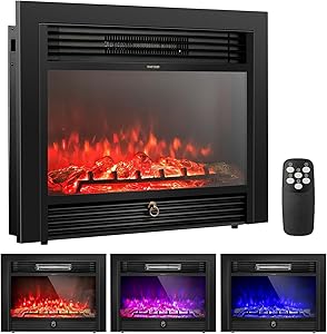 COSTWAY Electric Fireplace Inserts 28.5-inch Wide, 750W/1500W Wall Recessed and Freestanding Fireplace with 3 Flame Colors, 5 Brightness Settings, 8H Timer, Remote Control, Heater for Indoor Use