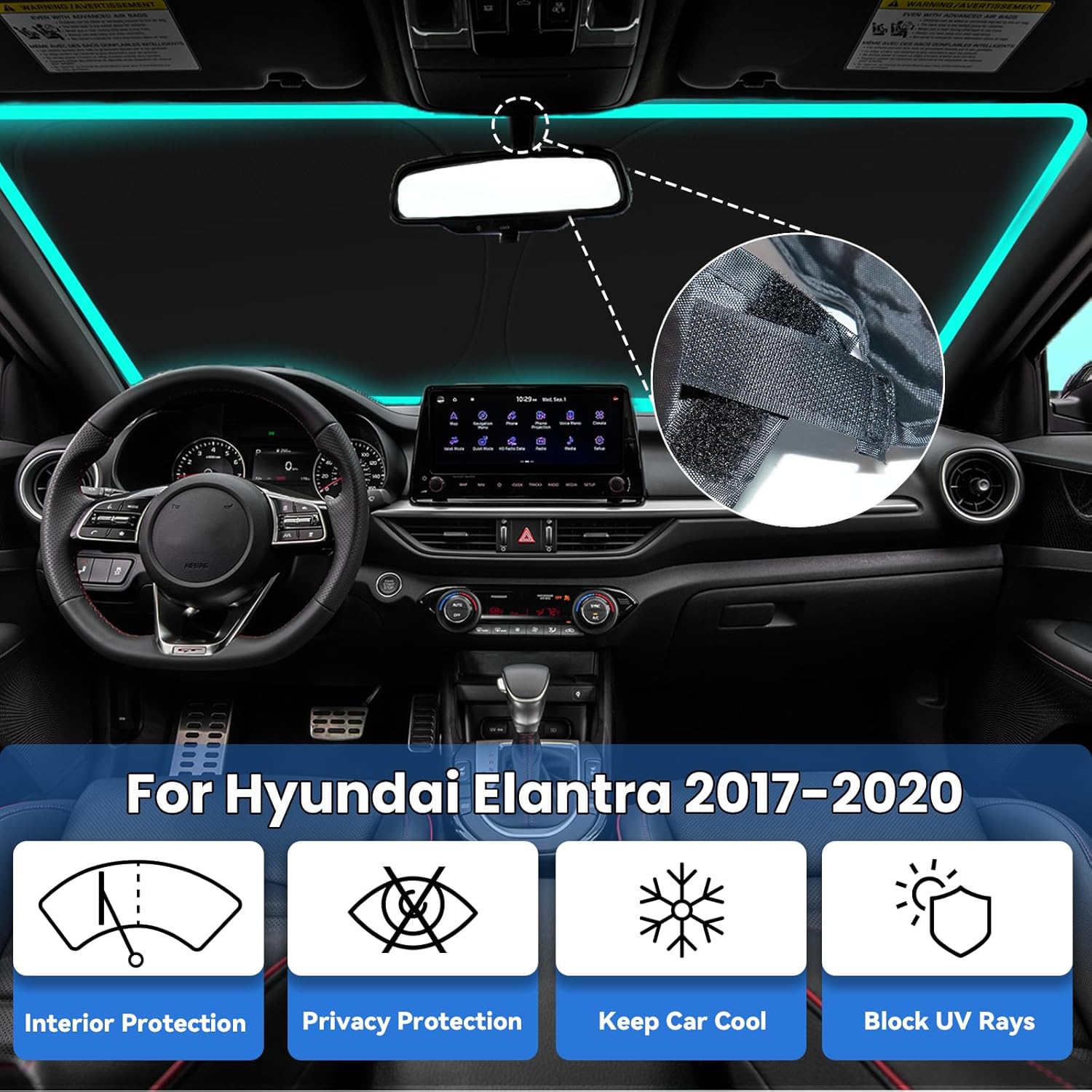 Windshield Sun Shade for Hyundai Elantra 2017-2020, Car Front Window Sunshade with 240T Sun Visor Protector Blocks UV Rays Heat Sun Shield Accessories For Elantra 2017-2020 image 2 of 7 B0DRCSF11P
