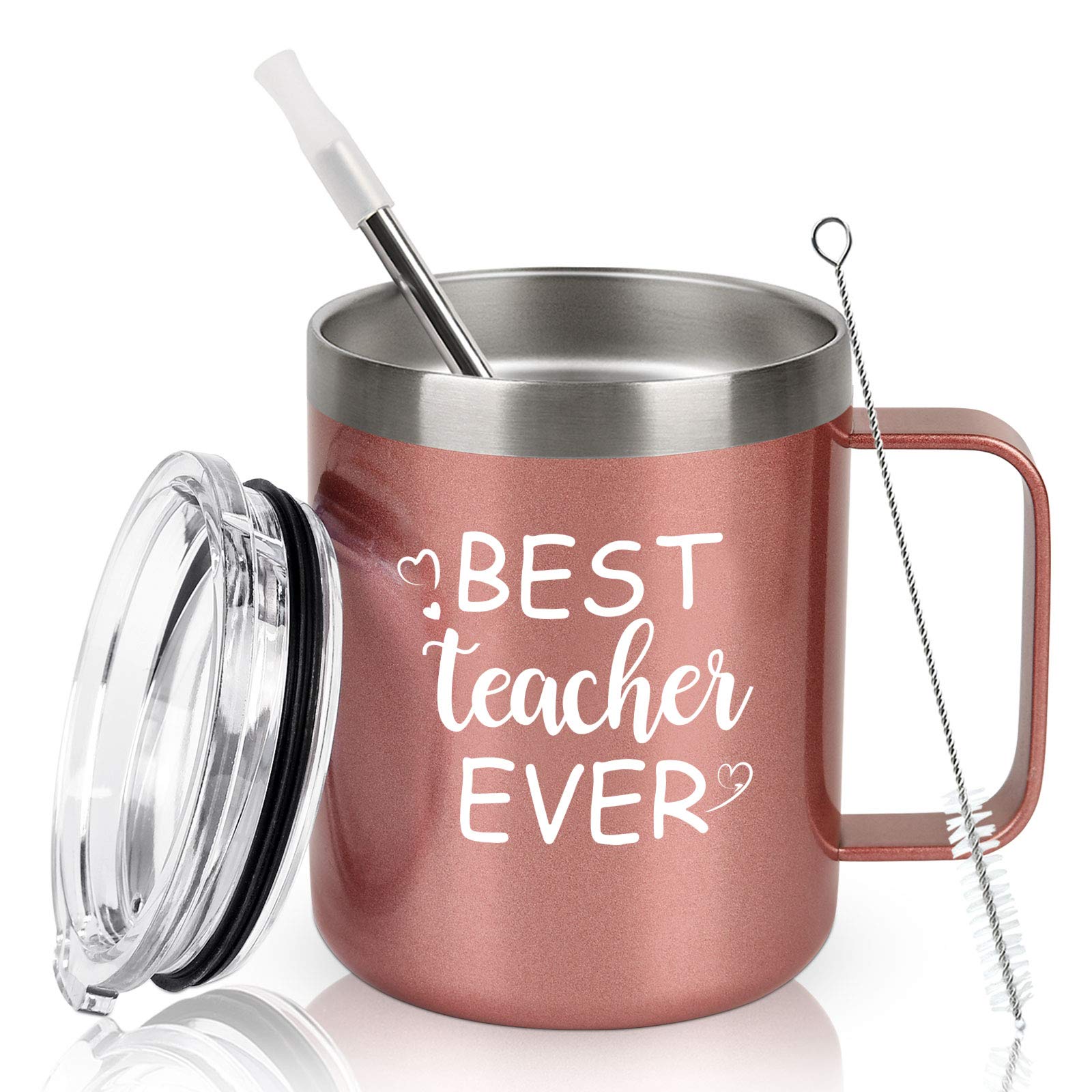 Qtencas Teacher Gifts, Best Teacher Ever Coffee Mug, Thank You Appreciation Gifts for Teachers Women on Birthday Christmas, 12 Oz Stainless Steel Coffee Mug, Rose Gold