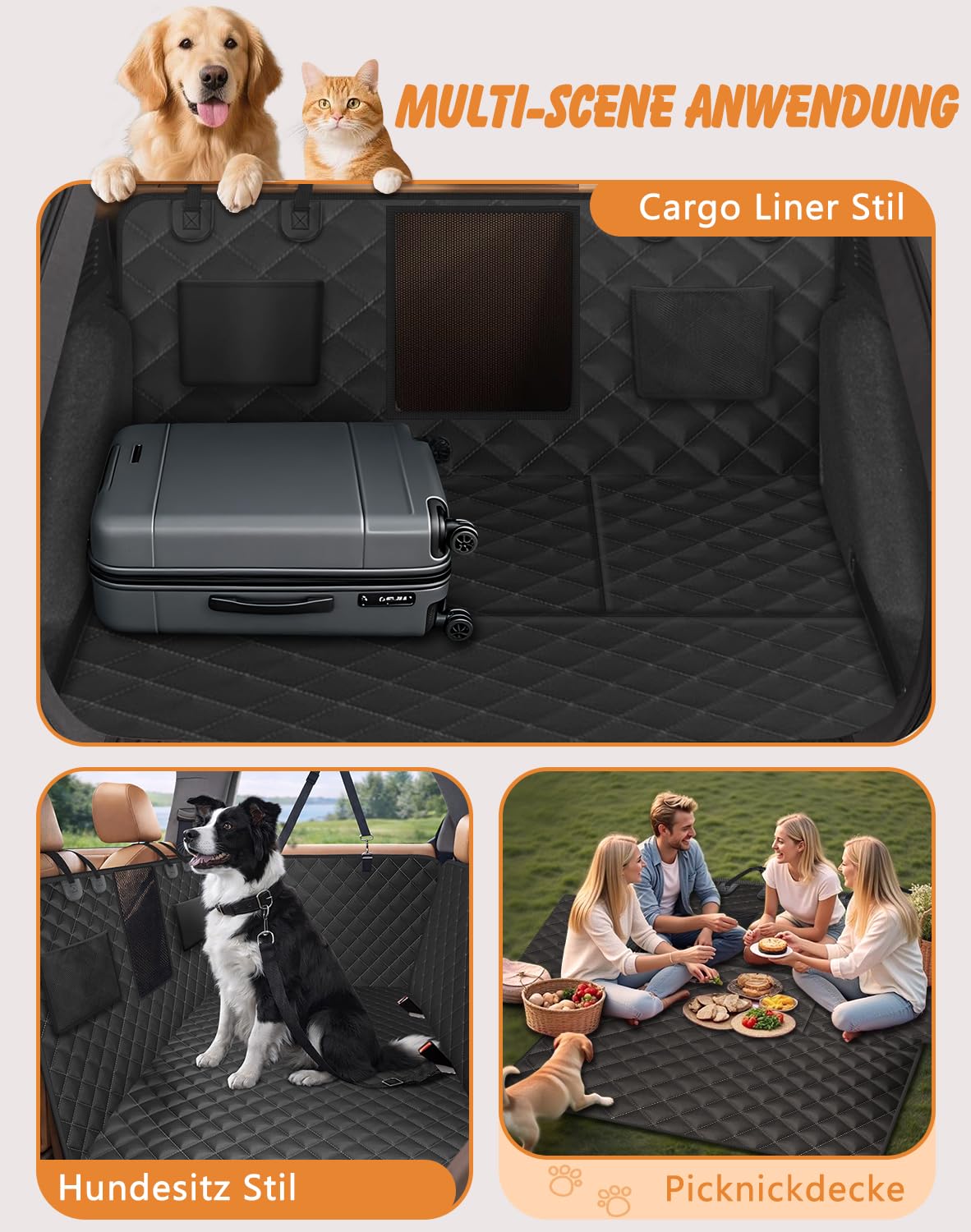 Alfheim Hundedecke Auto Rücksitzbank, mit Hängematte mit Belüftungsnetz | Wasserdicht Kratzfest Faltenbar, Hartboden und 40% mehr Platz (Tragkraft 180 kg), für SUV und Familienwagen (Schwarz)
