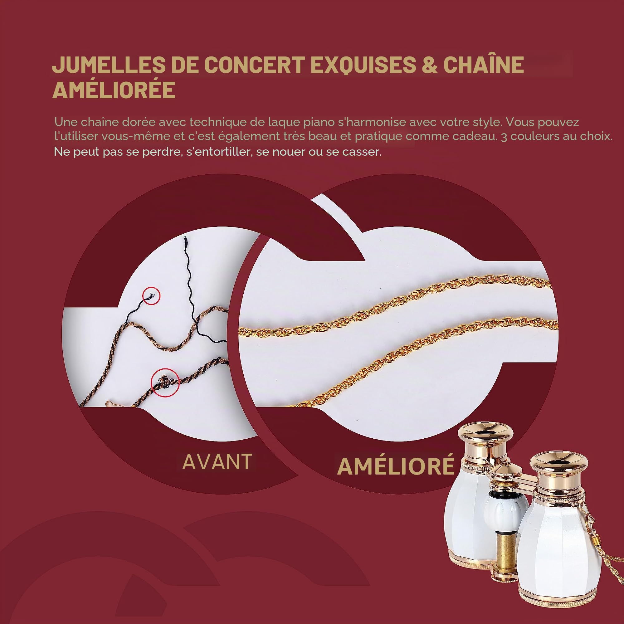 ESSLNB Jumelles de théâtre 4 x 30 avec chaîne et étui en verre optique pour femme - Pour théâtre, concert, cadeau pour femme (blanc)