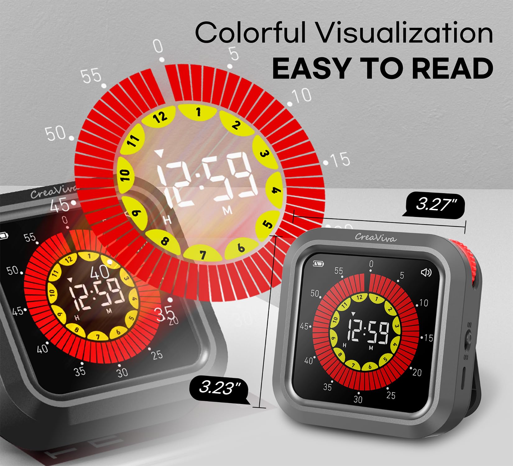 Timer digitale visivo, grande display a colori e ricaricabile, retro magnetico e modalità silenziosa, 11 h 59 m, cronometro per ADHD, bambini, aula, cucina, produttività lavorativa (grigio)