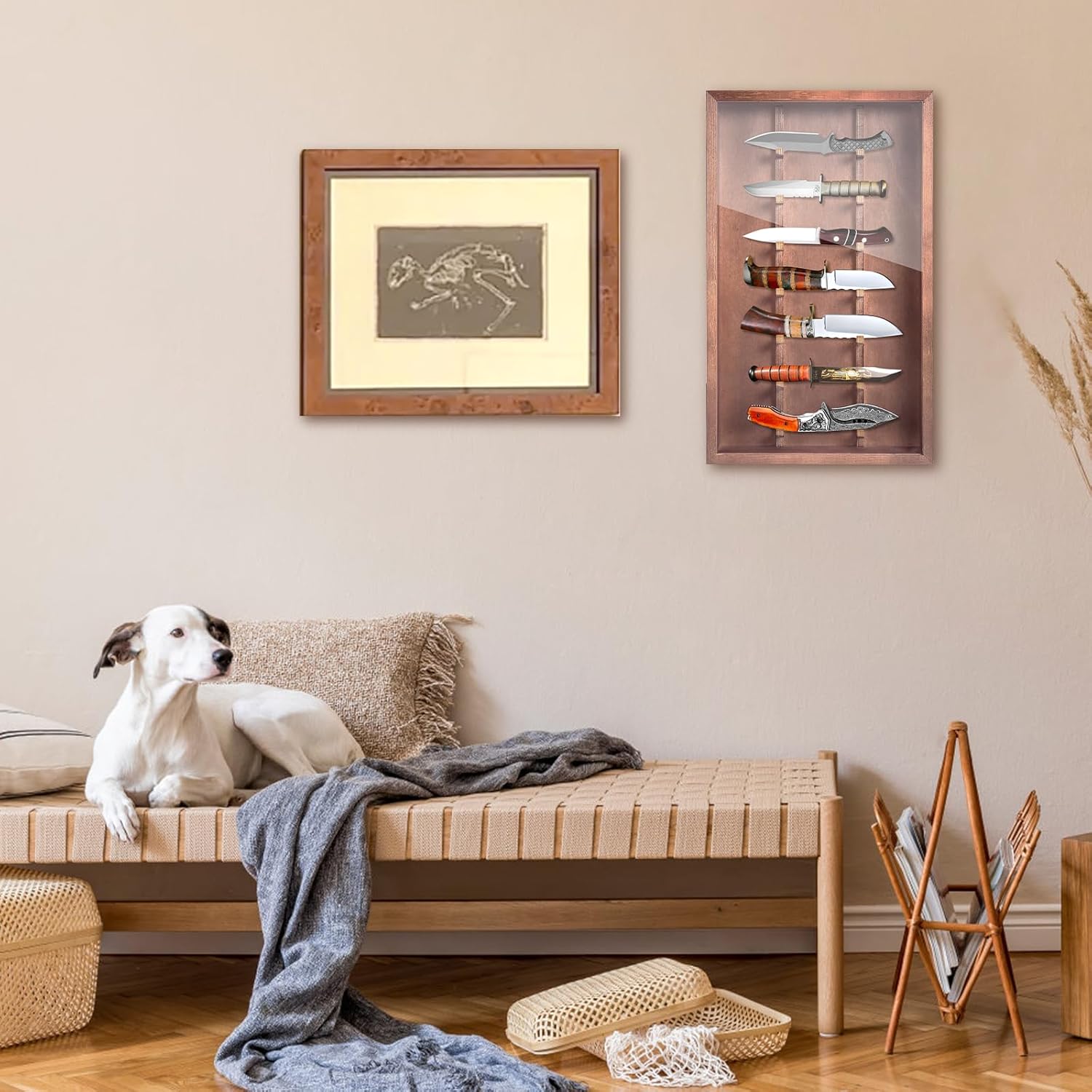 Triceratops Knife Display Case with Lockable Clear Acrylic Door, Wall Mount Wooden Knife Display Stand, Pocket Knife Display Cases for Storage, Collection, Holds up to 7 Knifes(Red Brown)