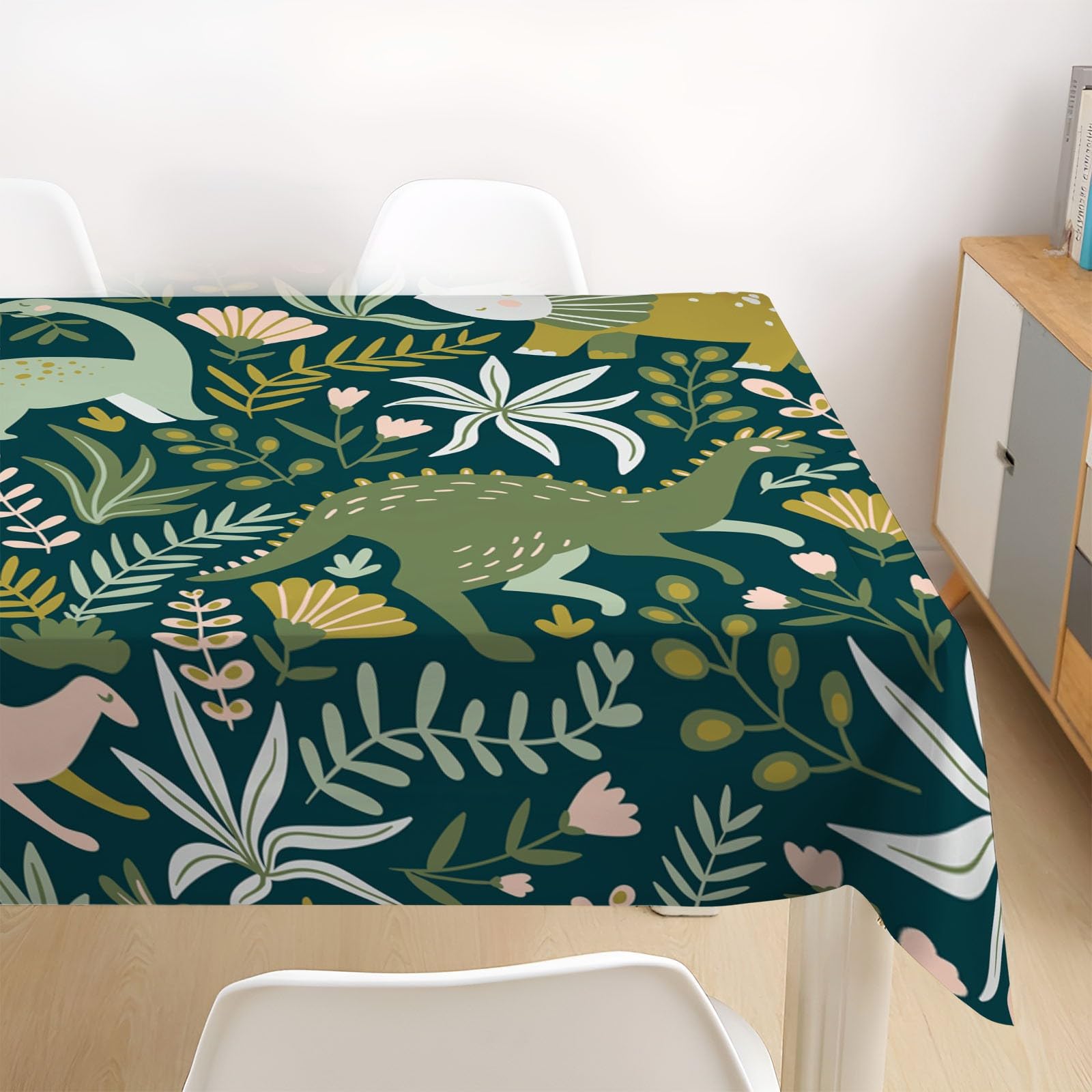 Obrus prostokątny 140 x 240 cm, liść, dinozaur, 2 sztuki, zmywalny, odporny na plamy, wodoodporny, zmywalny, obrus na stół, do kuchni, na kolację, piknik, imprezę na świeżym powietrzu