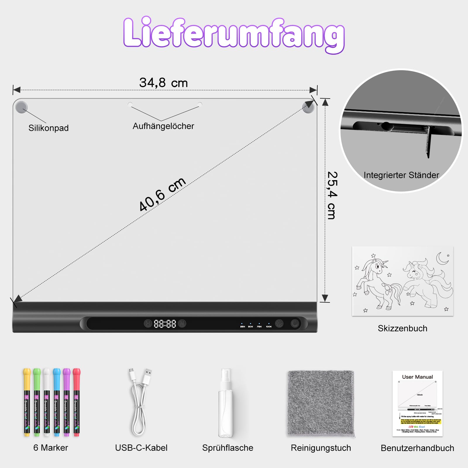 Geokay LED Zeichenbrett für Kinder, Wiederaufladbare LED Maltafel 41 cm, 9 Lichtmodi mit Timer & Ständer, LED Zeichentafel für Mädchen & Jungen, 6 Stifte & Vorlagenbuch, Schwarz
