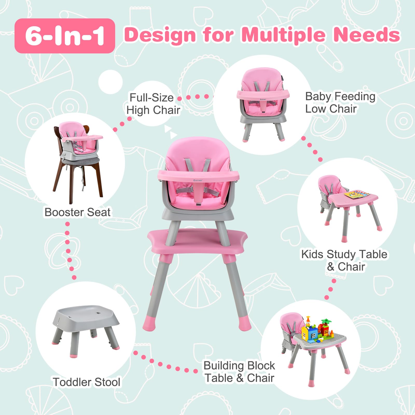 RELAX4LIFE 6 en 1 Trona Bebé con Arnes de 5 Puntos y Cojín Desmontables, Tronas de Bebe Portátil con Bandeja Ajustable y Extraíble, Mesa y Silla Infantil para Niños 6+ Meses, Carga 25kg (Rosa)