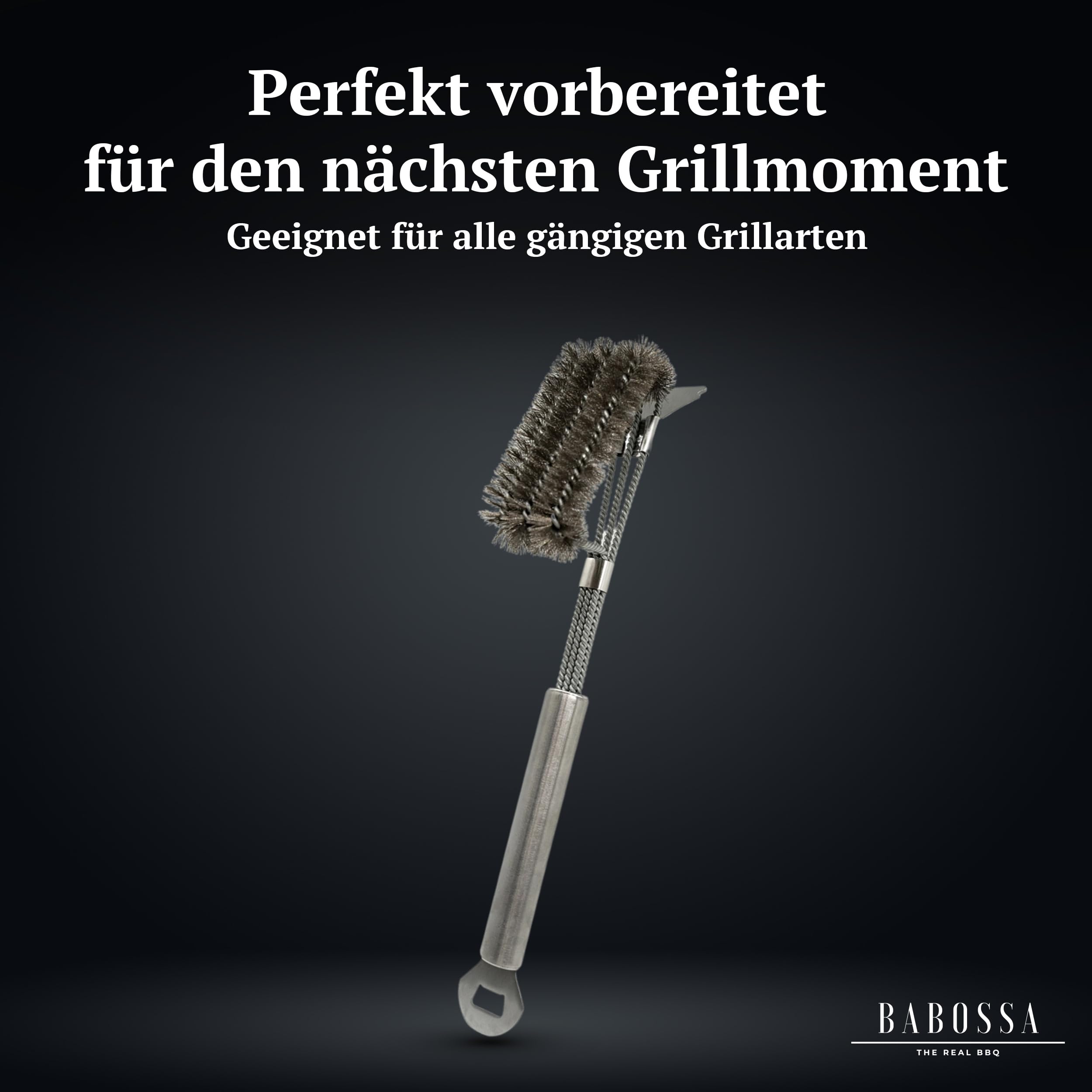 BABOSSA 3-in-1 Grillbürste Edelstahl – Multifunktionales Grillzubehör mit robusten Edelstahl Borsten, Schaber und Flaschenöffner – Für die einfache Reinigung von Planchas und Grillplatten