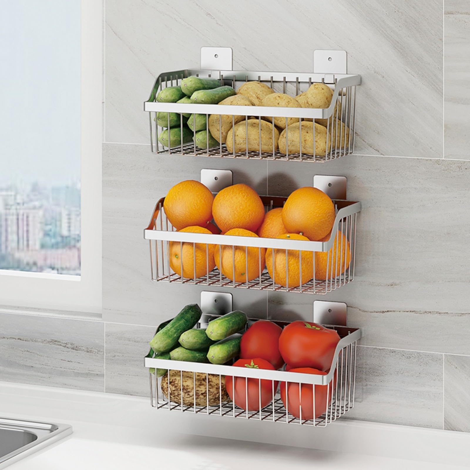 Cesta de frutas de acero inoxidable con 3 niveles colgantes para organizar la cocina