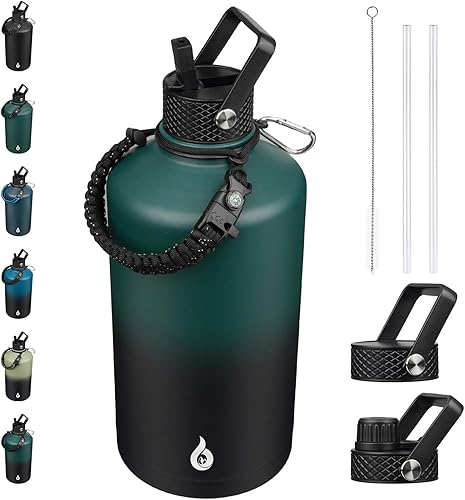 Miniatura 21 de BJPKPK Botella de agua de 1 galón aislada con tapa con pajita, 50oz, 64oz, 87oz, 128oz grande, botellas de agua de acero inoxidable con 3 tapas y