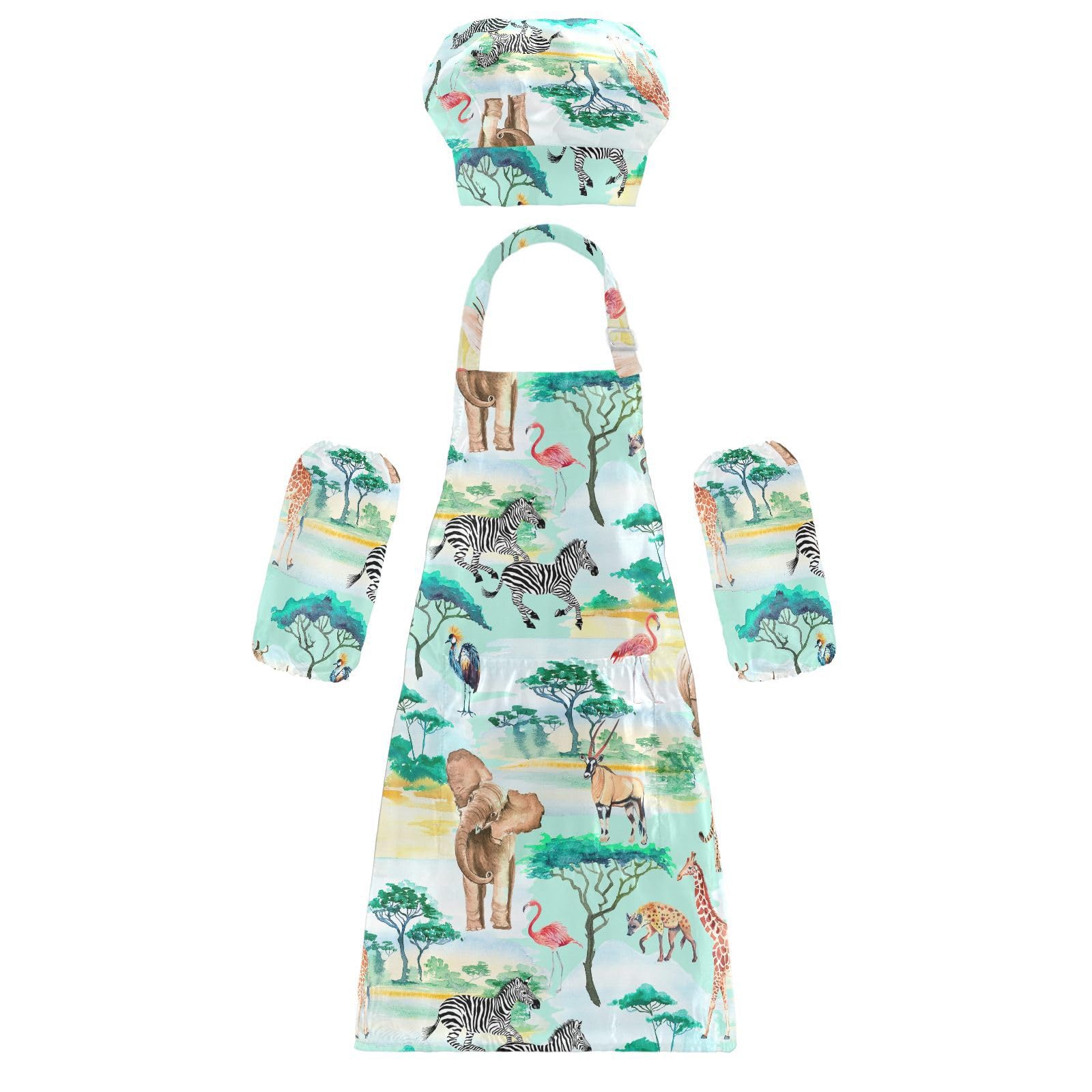 Mnsruu African Animals Trees Kids Apron Chef Hat Set Waterproof Baking Cooking Painting Apron Boys Girls 7-12 Years