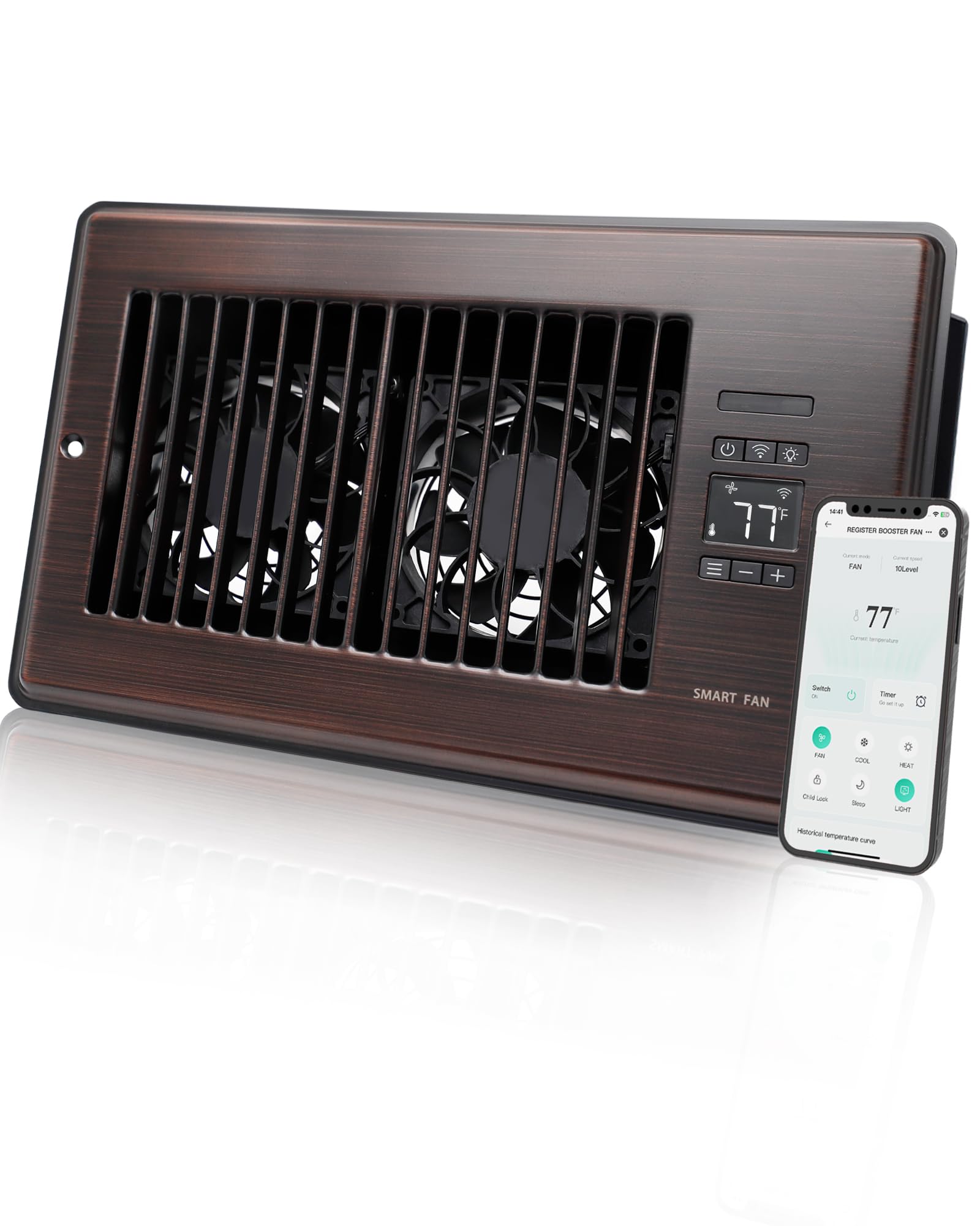 super quiet register booster fan for 6" x 10" register holes, smart register vent with dual intelligent thermostat and wifi app control, heating cooling ac vent fan (orb)
