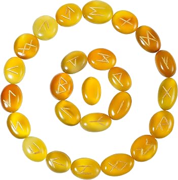 Crocon Yellow Onyx Crystal Rune Stones 25 pcs with Elder Futhark Alphabet | Engraved Symbol Gemstone Viking Rune Natural Stone Set for Meditation Reiki Healing Stone Good Luck Spiritual Gift Home Decor