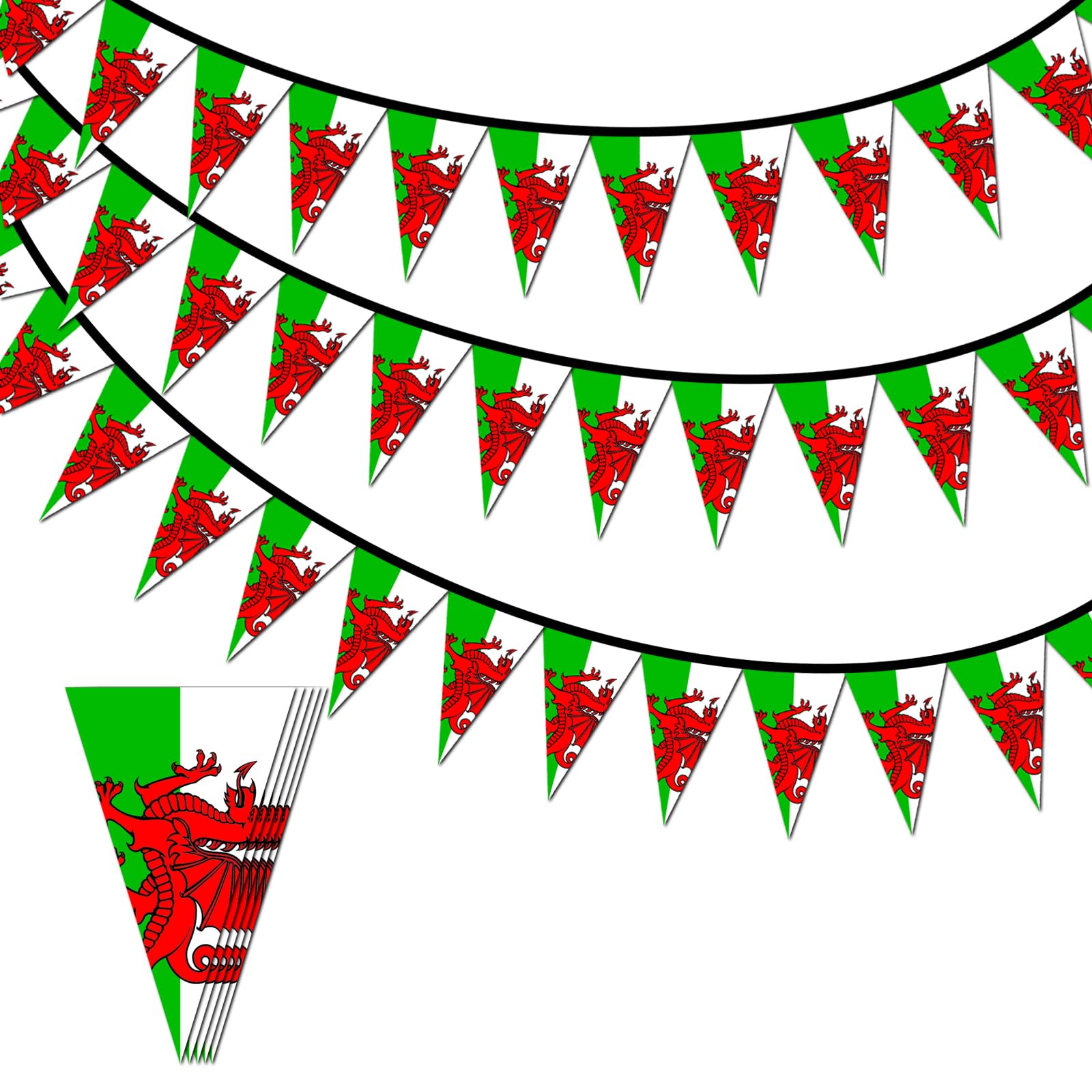 10m Welsh Flag Bunting 30pcs Triangle Flags for St.David's Day Decorations,Double Sided Wales Dragon Flag Bunting Banner for Sport Rugby Euro Fifa World Cup 2026 Football Decorations Welsh Party Décor — image 1