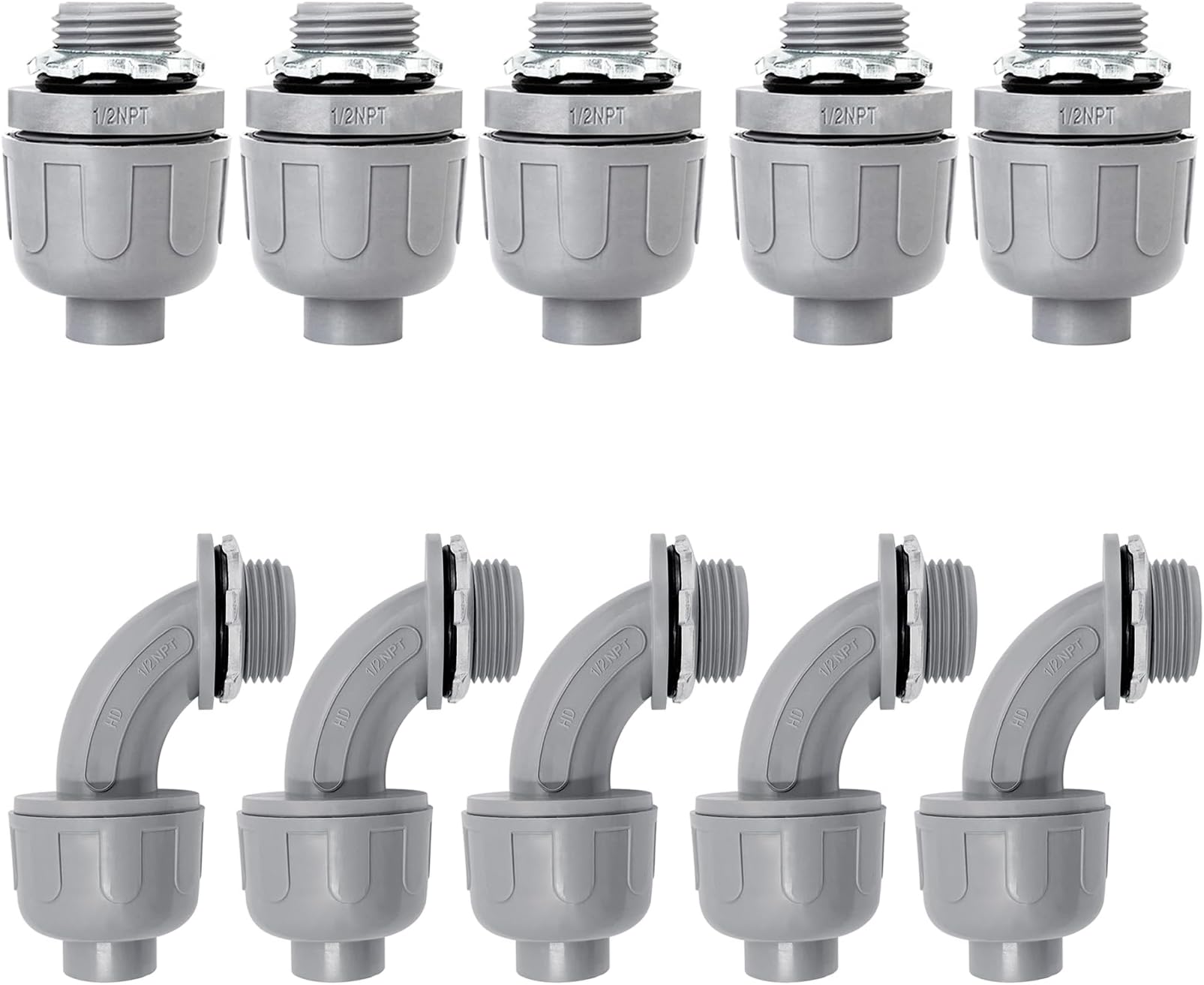 10 Pack 1/2 Inch Liquid Tight Connectors - PVC Electrical Conduit Fittings, Straight, 90 and 180 Degree Non-Metallic Flexible Connectors for Home, Bathroom, and Kitchen, Gray