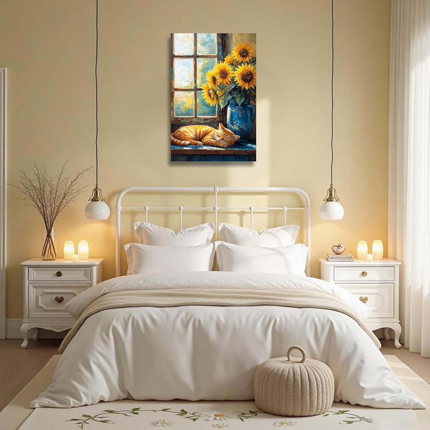 YMXDYMJSW Sleeping Cat Canvas Wall Art Orange Cat & Sunflowers Pictures Cute Animal Poster Prints Rustic Still Life Paintings for Kids Room Decor Frame (18L x 12W)