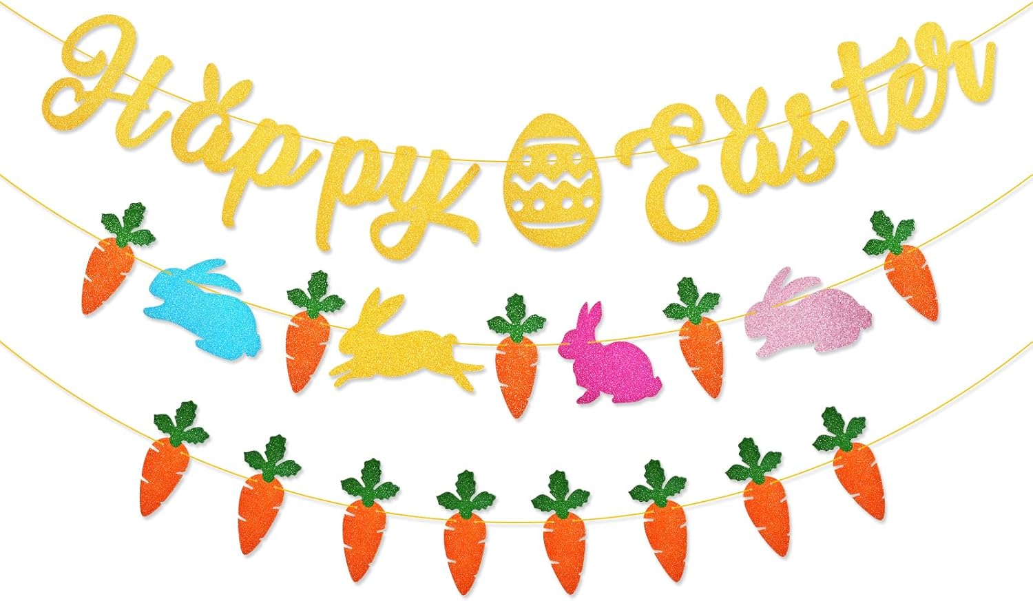 Easter Day Happy Easter Banner Decorations - Colorful Glitter Bunnies and Carrots Pendants, Pre-Assembled, No DIY Required, Festive Indoor Outdoor Spring Themed Party Decorations