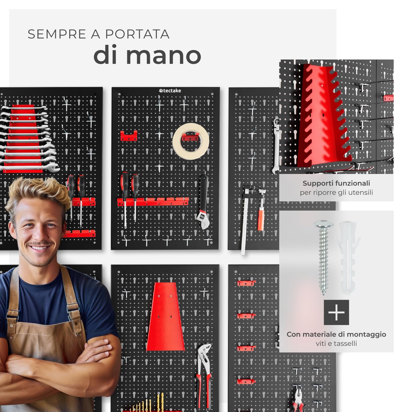 TecTake® Pannello Forato Portautensili, Pannello Portaoggetti con 6 Pannelli, 53 Ganci e Sostegni, Espandibile, Adattabile, Ideale per Garage e Officina, Pannello Porta attrezzi da Parete