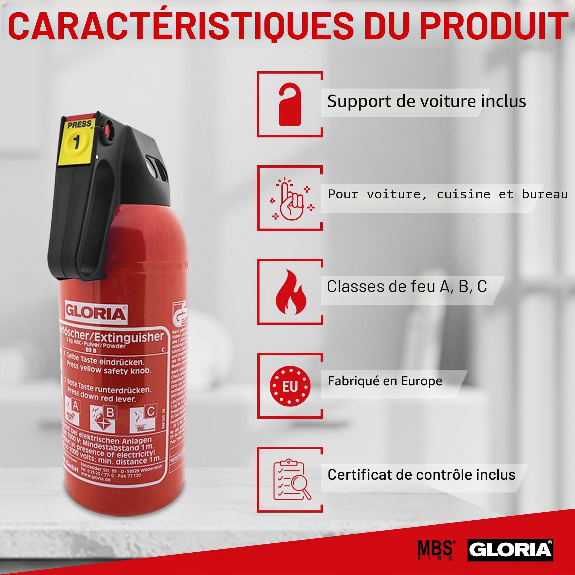 MBS FIRE Extincteur à poudre pour voiture P2 GM Rouge laqué Capacité d'extinction 2 kg Classe de feu A, B, C