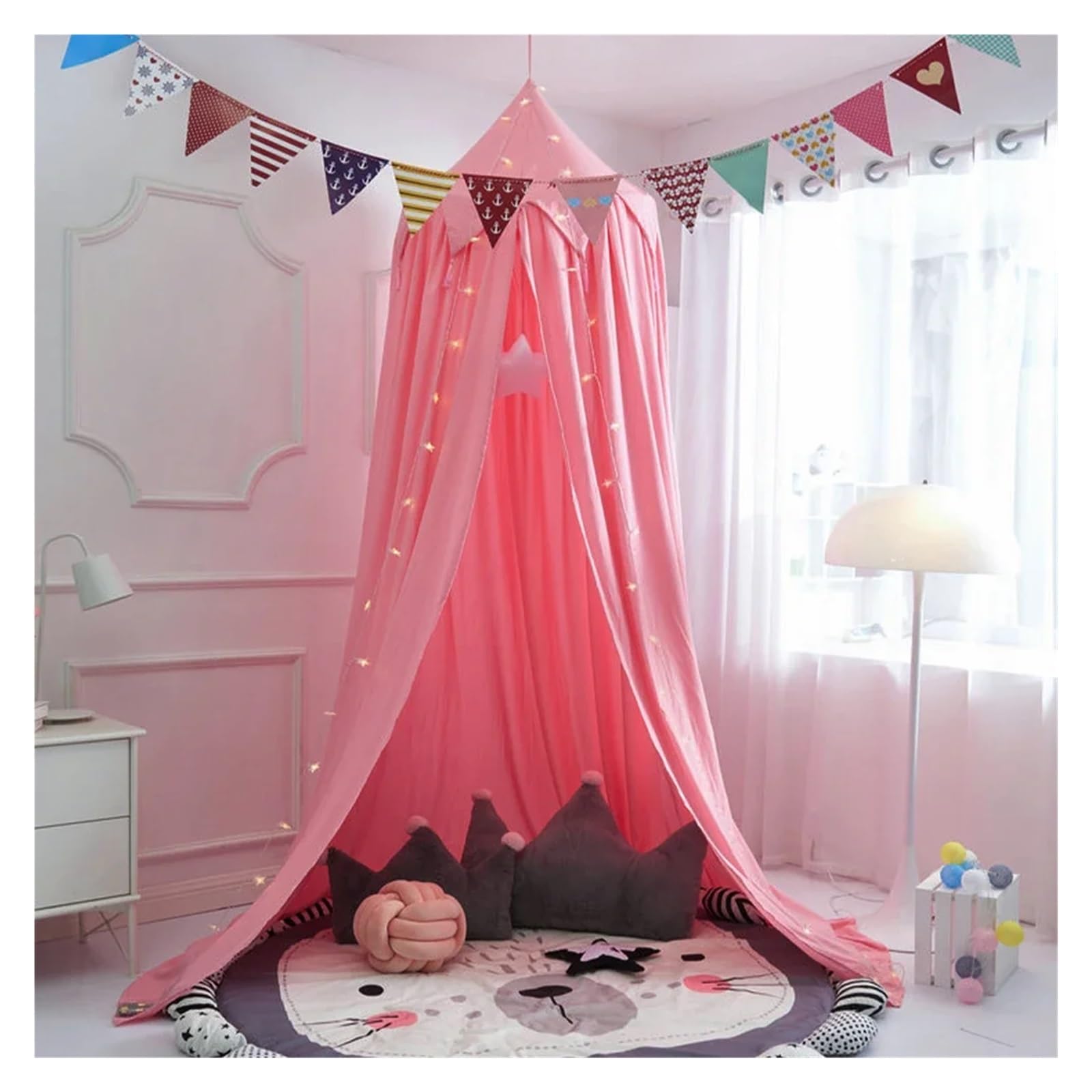 KiddiBubzi Bed Canopy For Kids Tassel Ruffle Edge Bed Canopy Round Dome Hanging Indoor Castle Play Tent Children Room Decoration Bed Tent(Dark Pink Tassel)