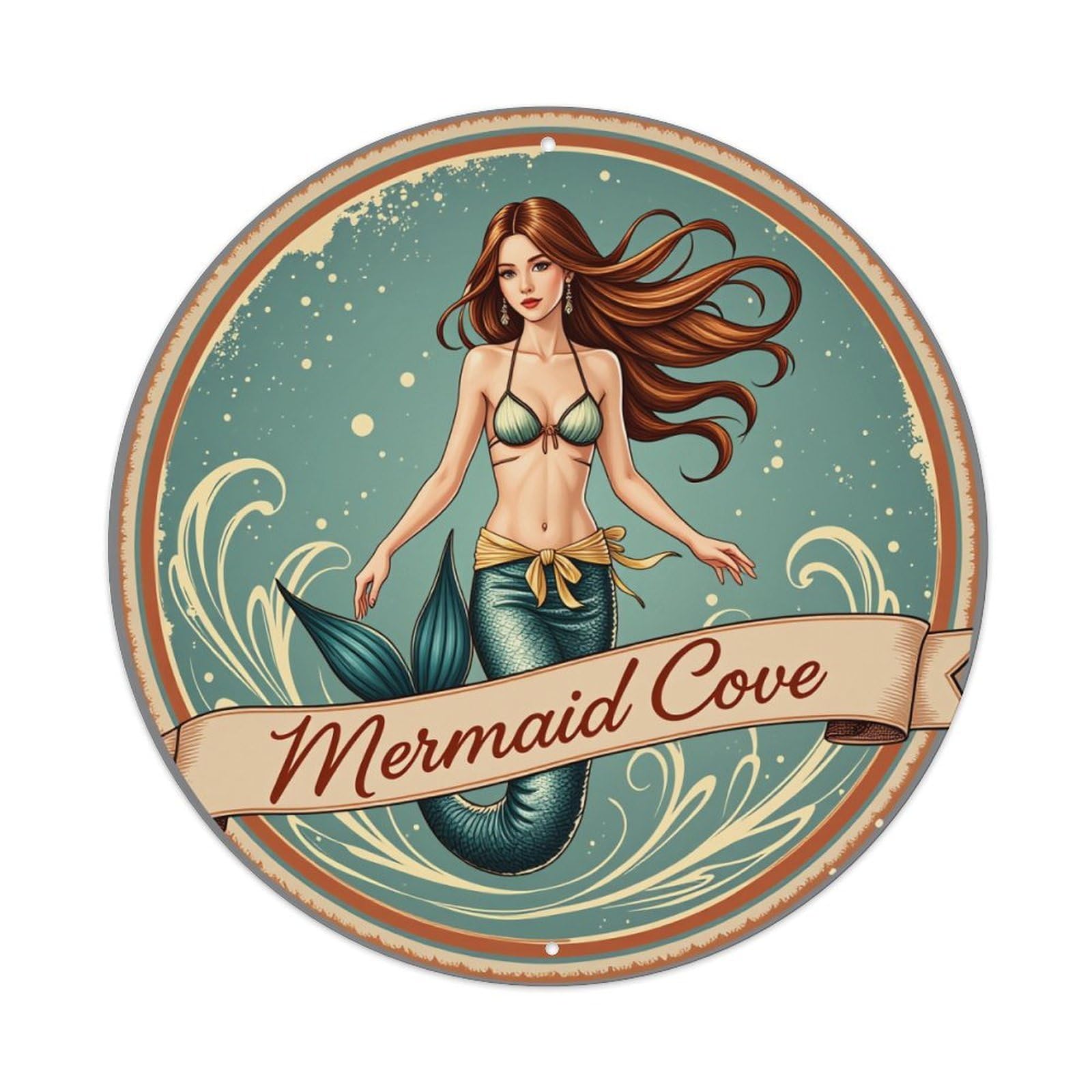 Mermaid Cove Vintage Style Art Round Tin Sign Vintage Metal Poster, Home Bar Garage Man Cave Cafe Indoor & Outdoor Wall Decoration 8x8Inches