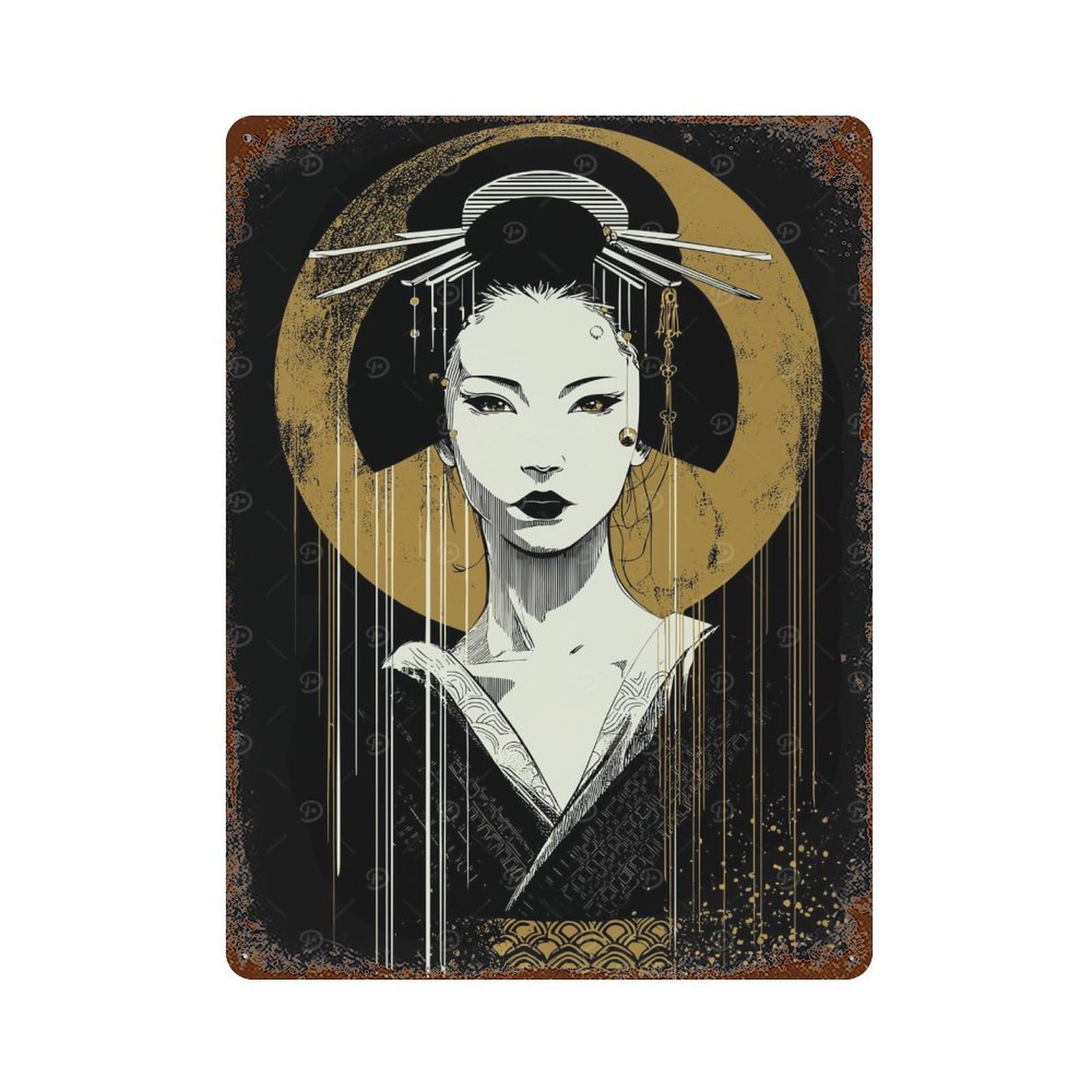 Vintage Rust Metal Sign Geisha Portrait with Golden Halo 15.7"x11.8", Novelty Wall Decor for Garage, Bar And Workshop Decor