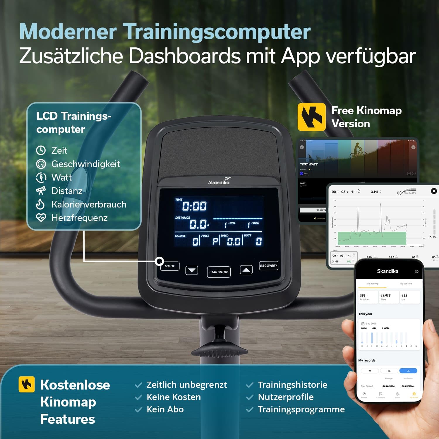 Skandika Ergometer Treliv P8 | Heimtrainer aus Eisen mit MDF Holz, Magnetbremse 32 Stufen, LED Display, 22 Programme, Sattel & Lenker verstellbar, Bluetooth Kinomap App kompatibel, bis 120 kg