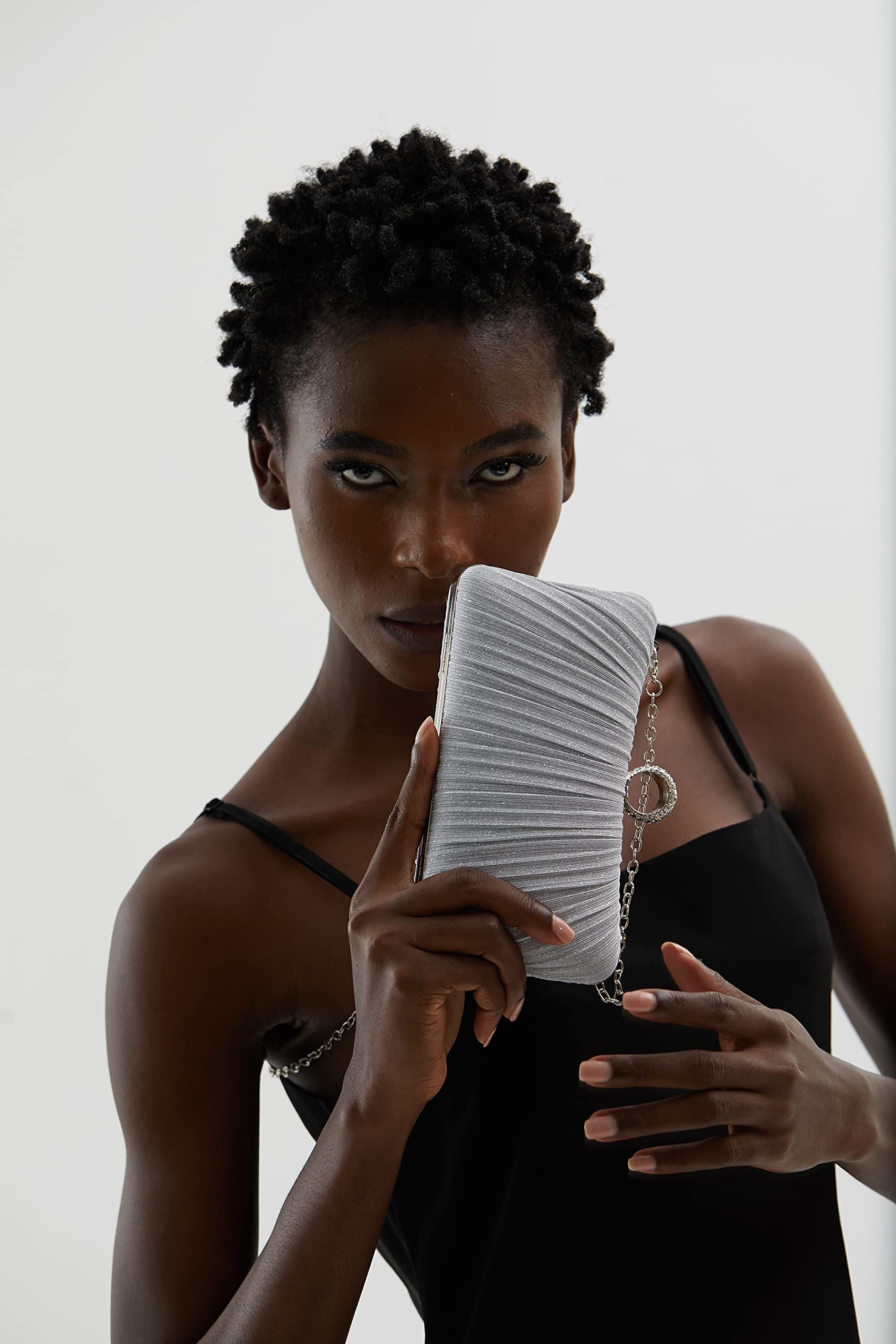 Womens en Glitter Clutch Purse Pleated Evening Bag for Bridal Wedding Party with Rhinestone Ring