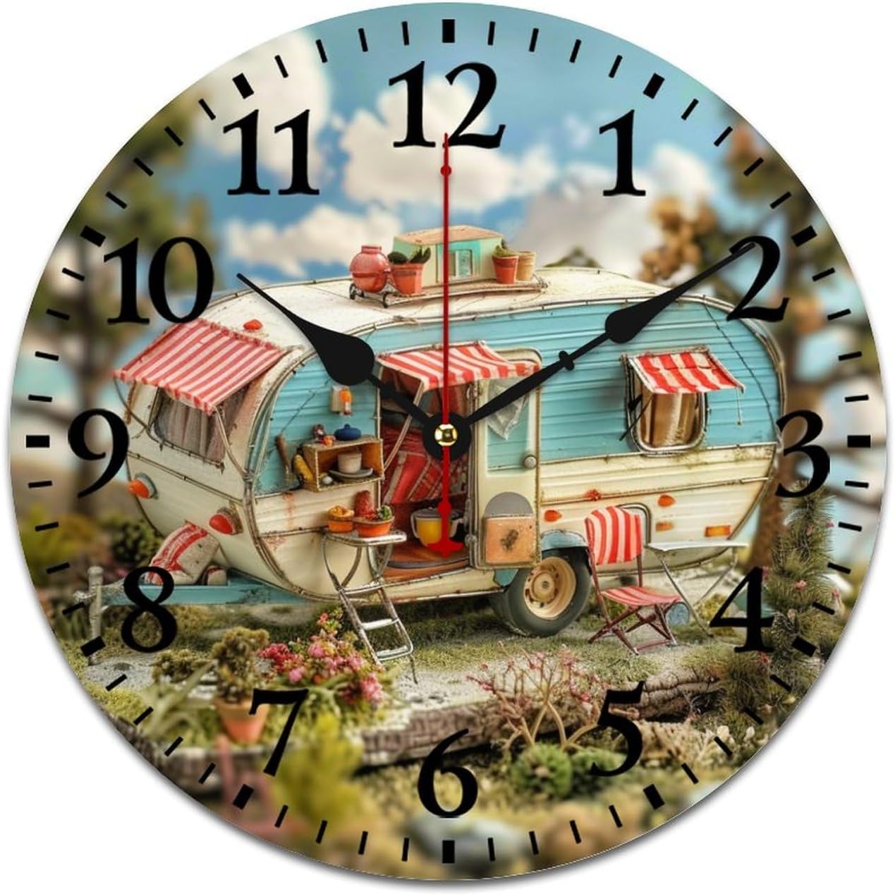 16 Inch Clock Camping Trailer Happy Campers Room Decorative Wall Clock Battery Operated Silent Non-Ticking Arabic Numeral Camping Vintage Wall Clocks Home Office School