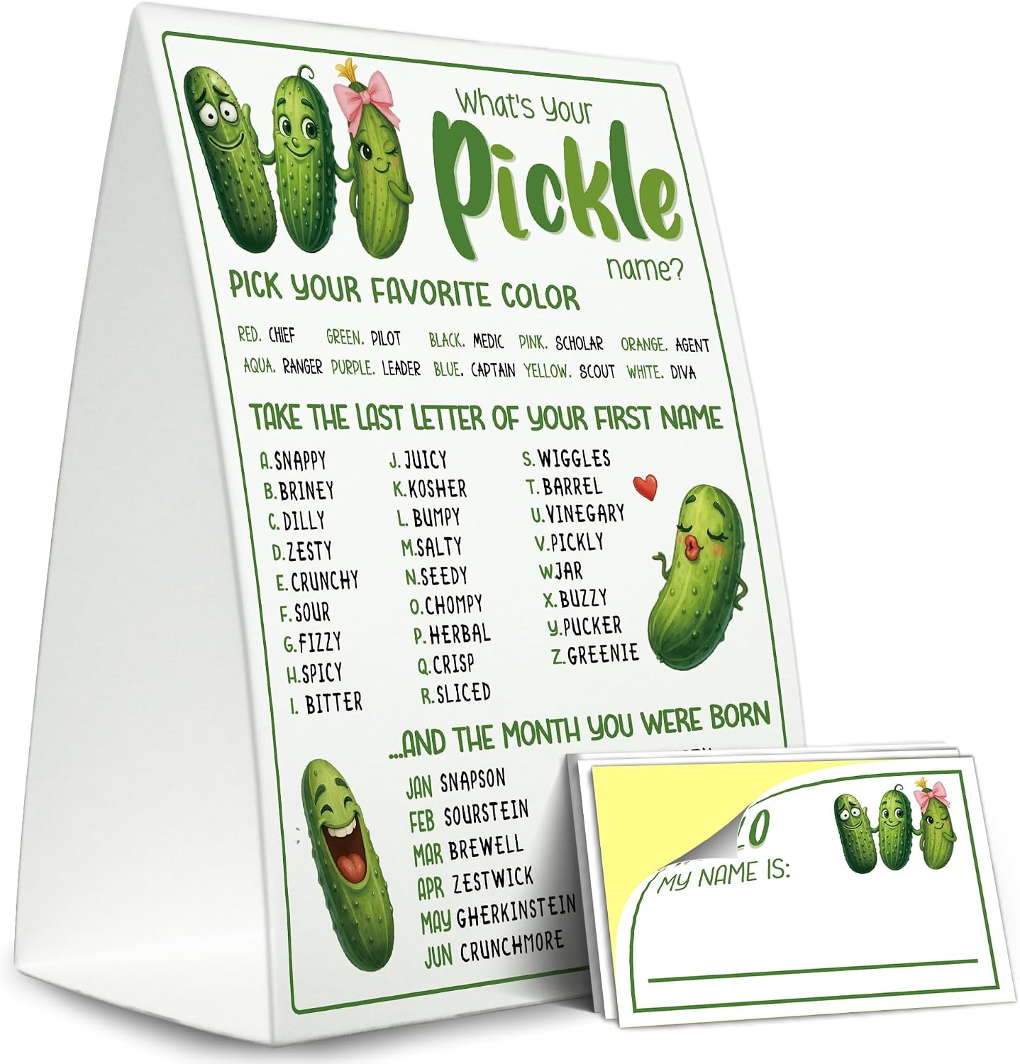 Pickle Party Decor,5×7 What is Your Pickle Name Game, Perfect for Birthday Party Activities 1 Standing Sign + 30 Stickers