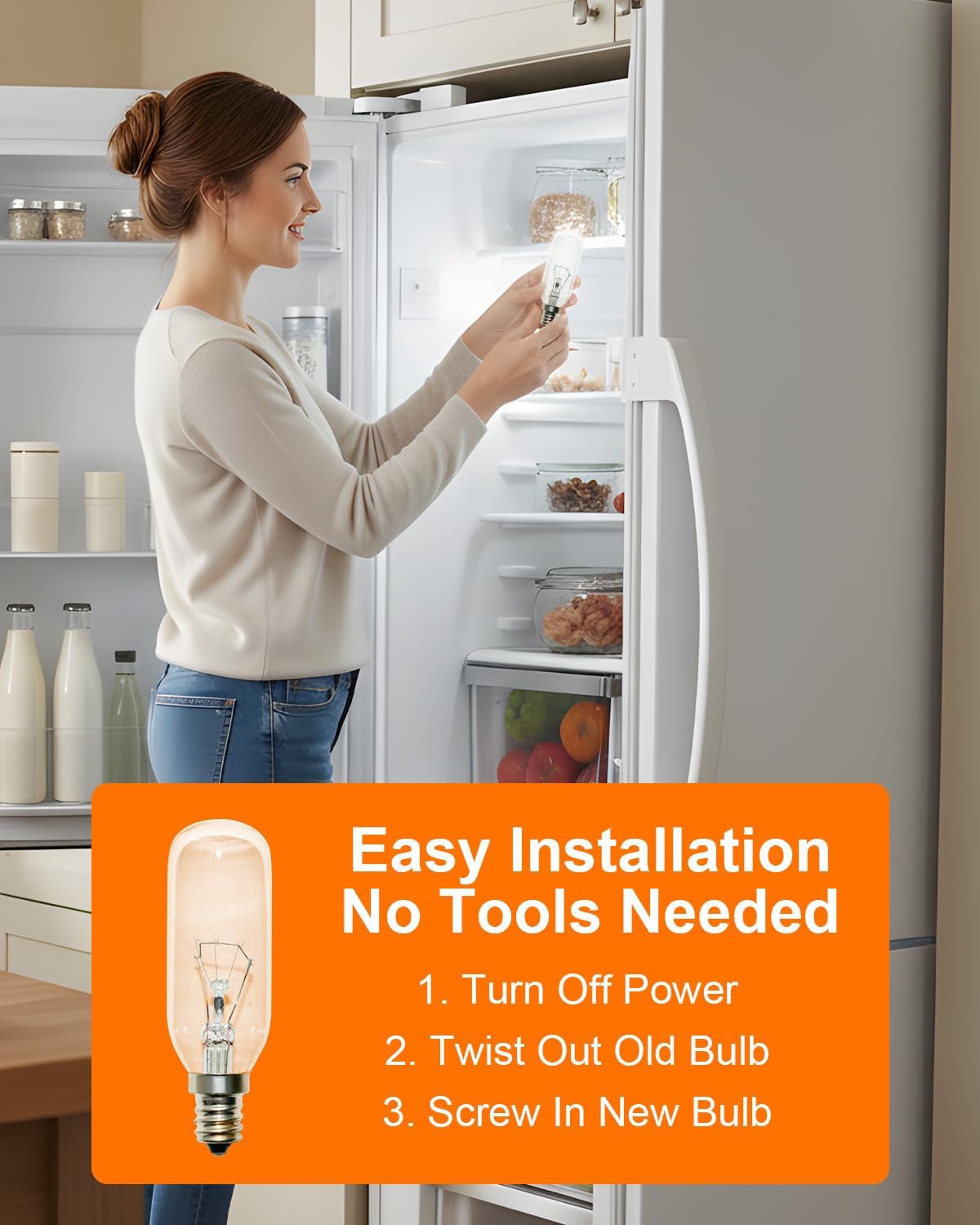 2Pcs Refrigerator Light Bulb Fit for GE GTE21 GIE21 Series, 125V 40W Light Bulb Lamp Replace WR02X22743
