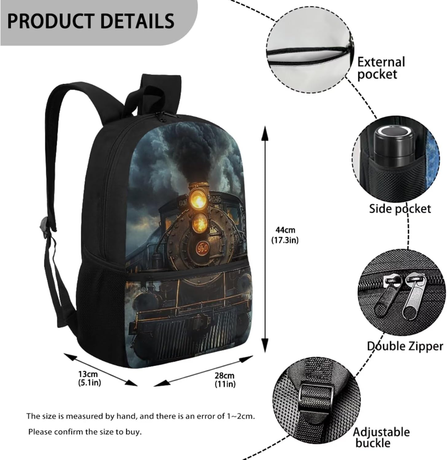 Vintage Steam Train Bookbag for Kids 5-7 Back to Elementary School Backpack and Lunch Box Set 4-in-1 Boys School Bag Lunch Boxes Pencil Case Water Bottle Holder, 17 Inches